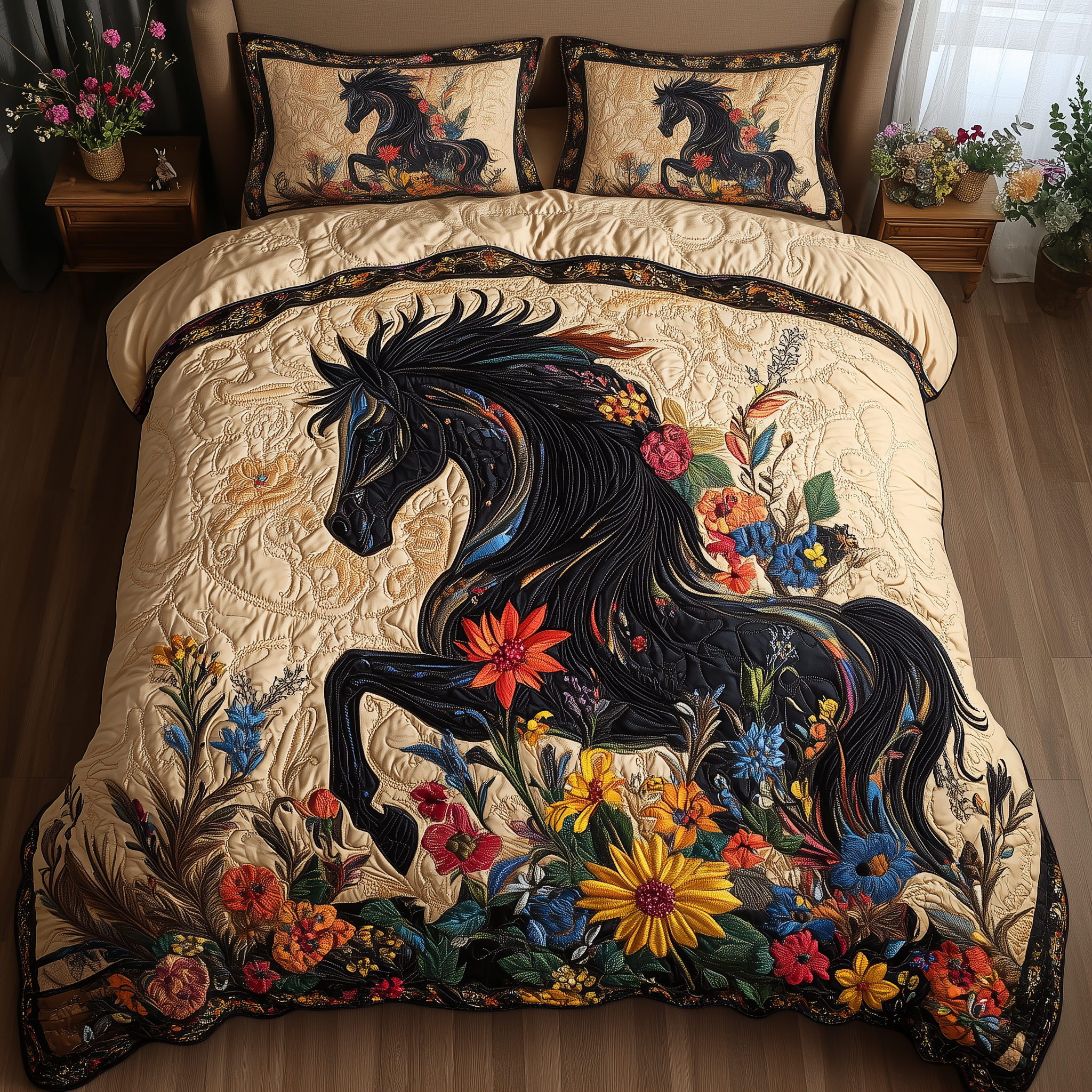 Dark Horse Quilted Bedding Set Bedspreads Practical Gifts For Horse Owners