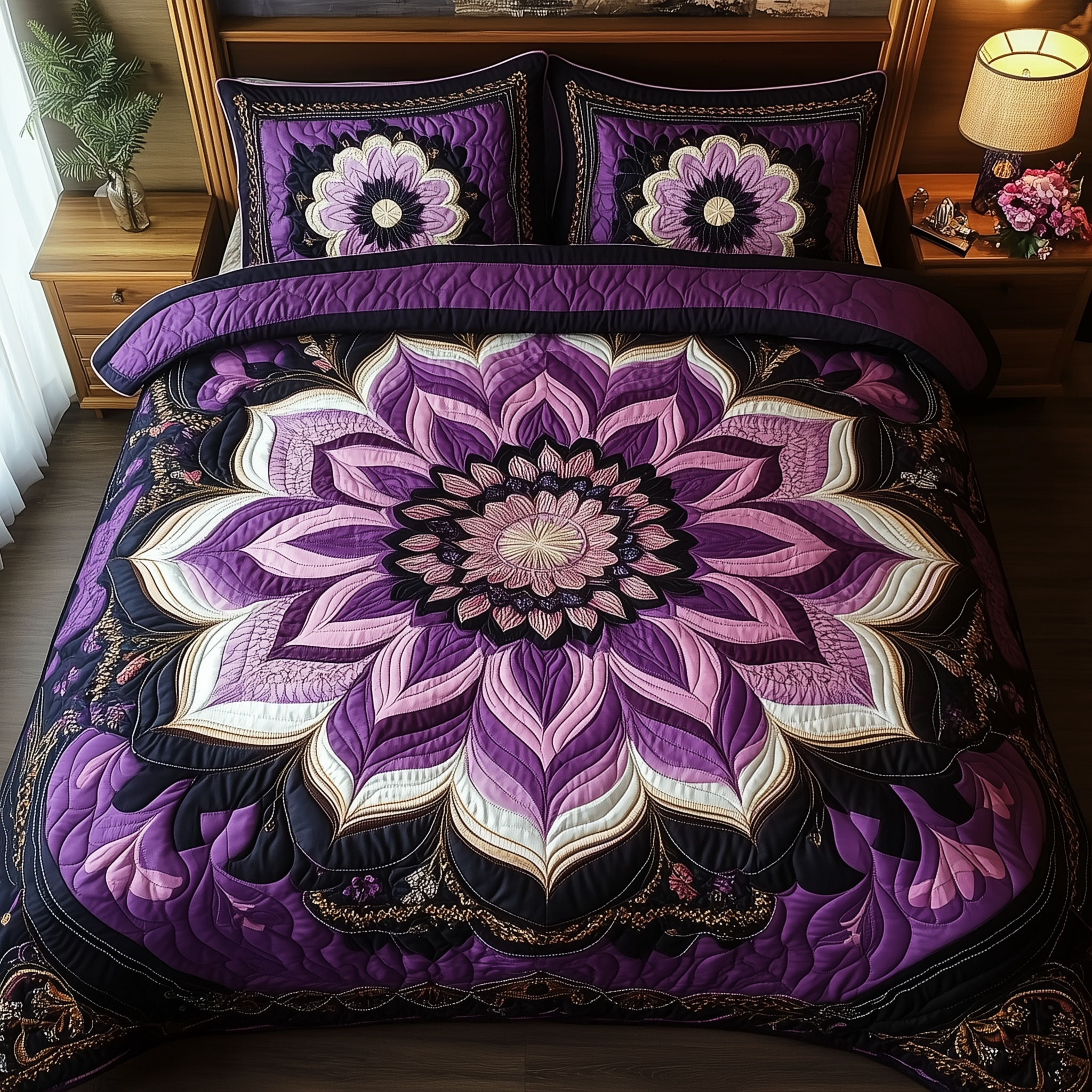 Dark Purple Flower Quilted Bedding Set Bed Comforter Set Birthday Gift Ideas For Mother
