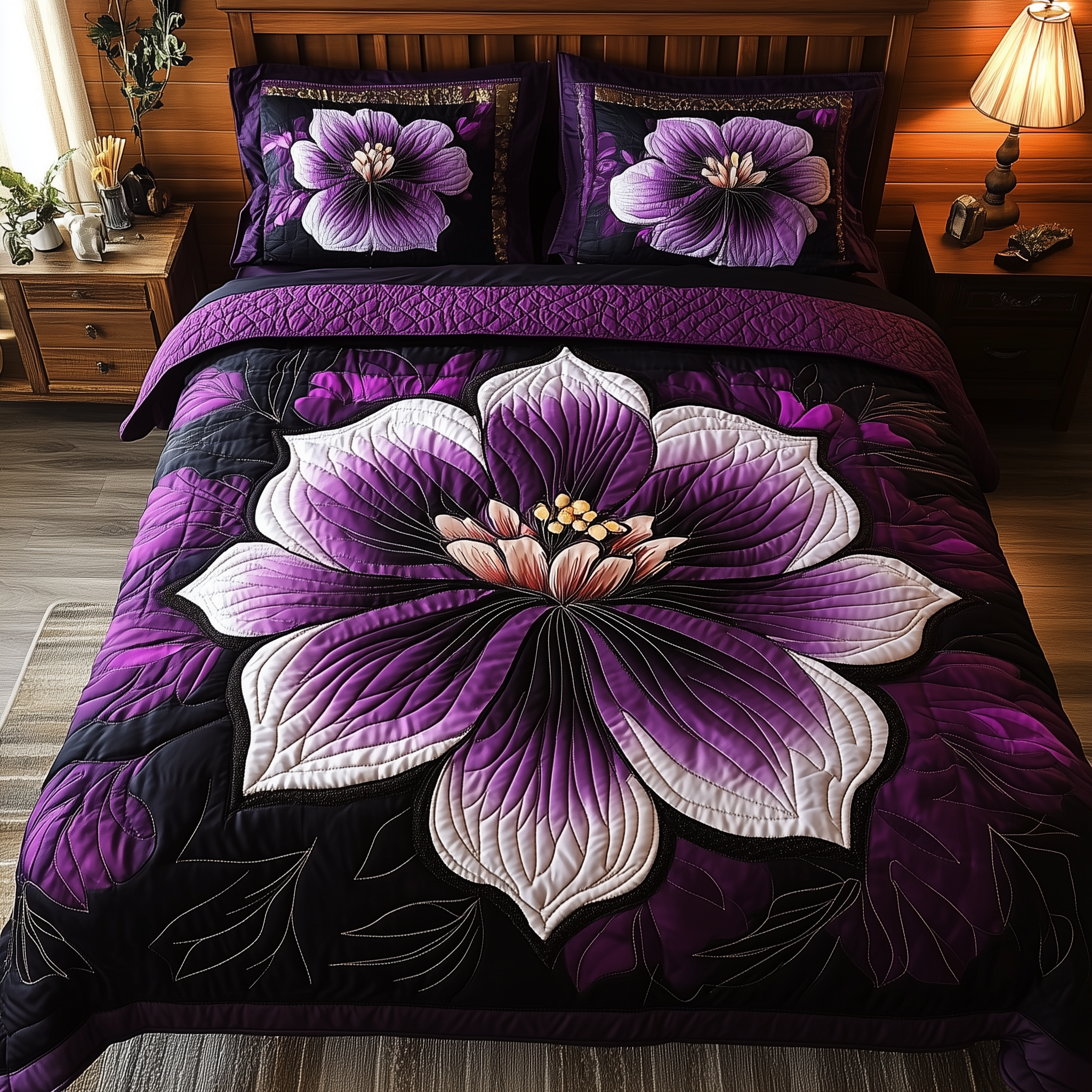 Dark Purple Flower Quilted Bedding Set Bedspread Quilts Best Presents For Mothers