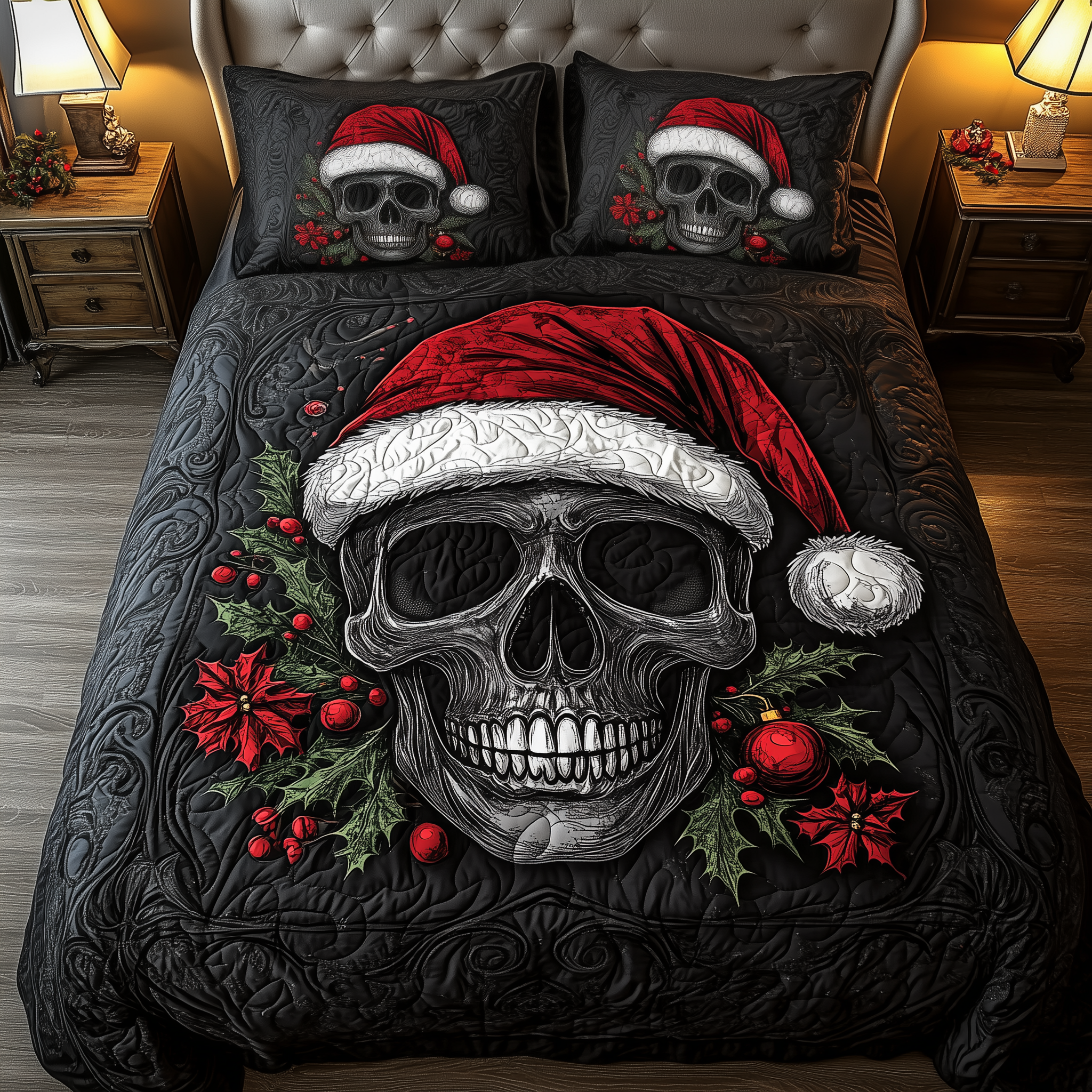Dark Santa Skull Quilted Bedding Set Christmas Sheet Set Themed Skull Gifts For Him Her