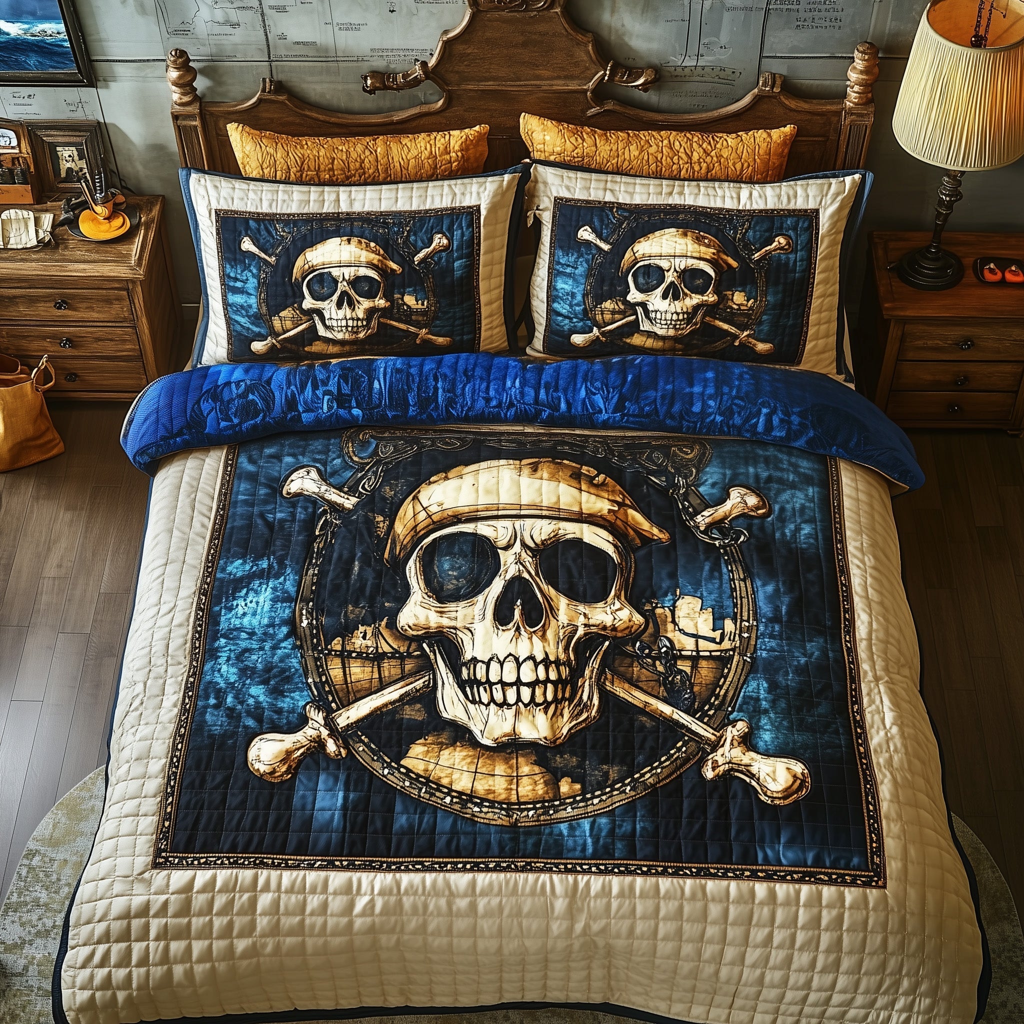 Dark Seas Pirate Quilted Bedding Set Bedroom Decor Ideas Skull Related Gifts