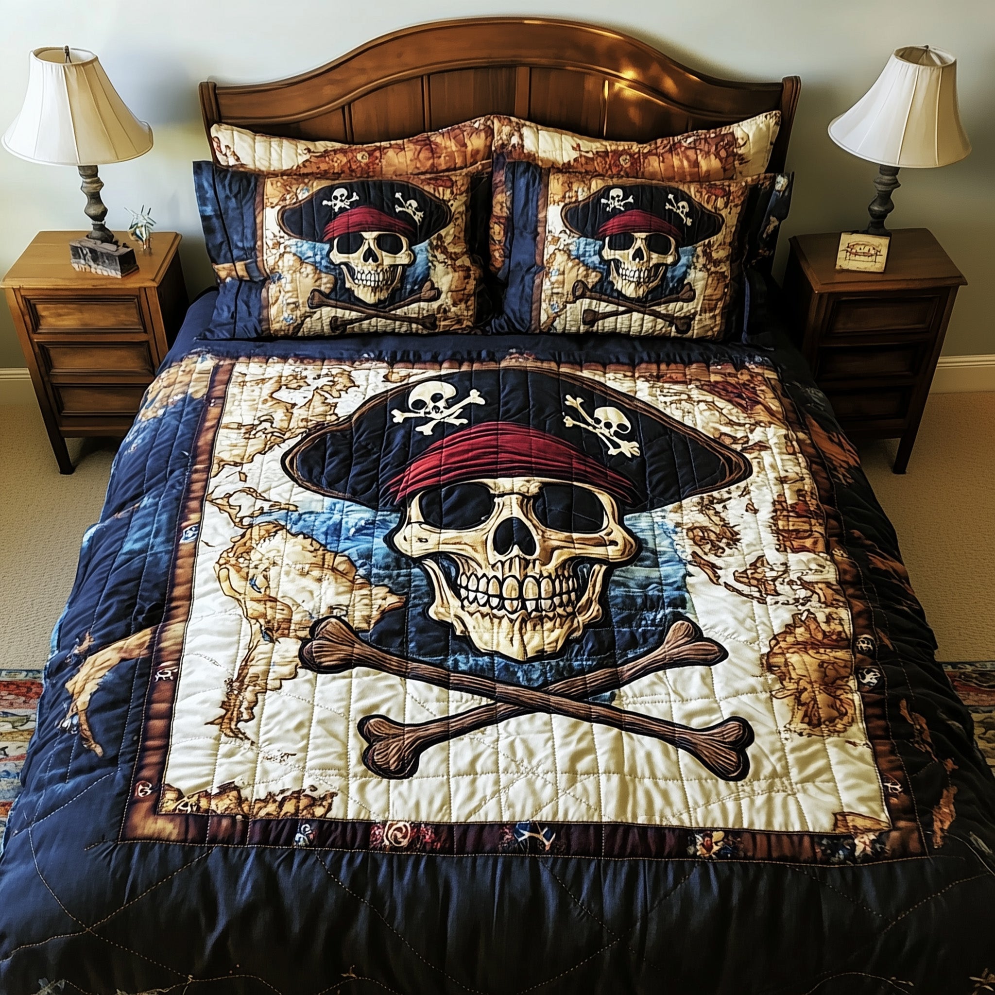 Dark Seas Pirate Quilted Bedding Set Queen Bed Set Skull Inspired Gifts