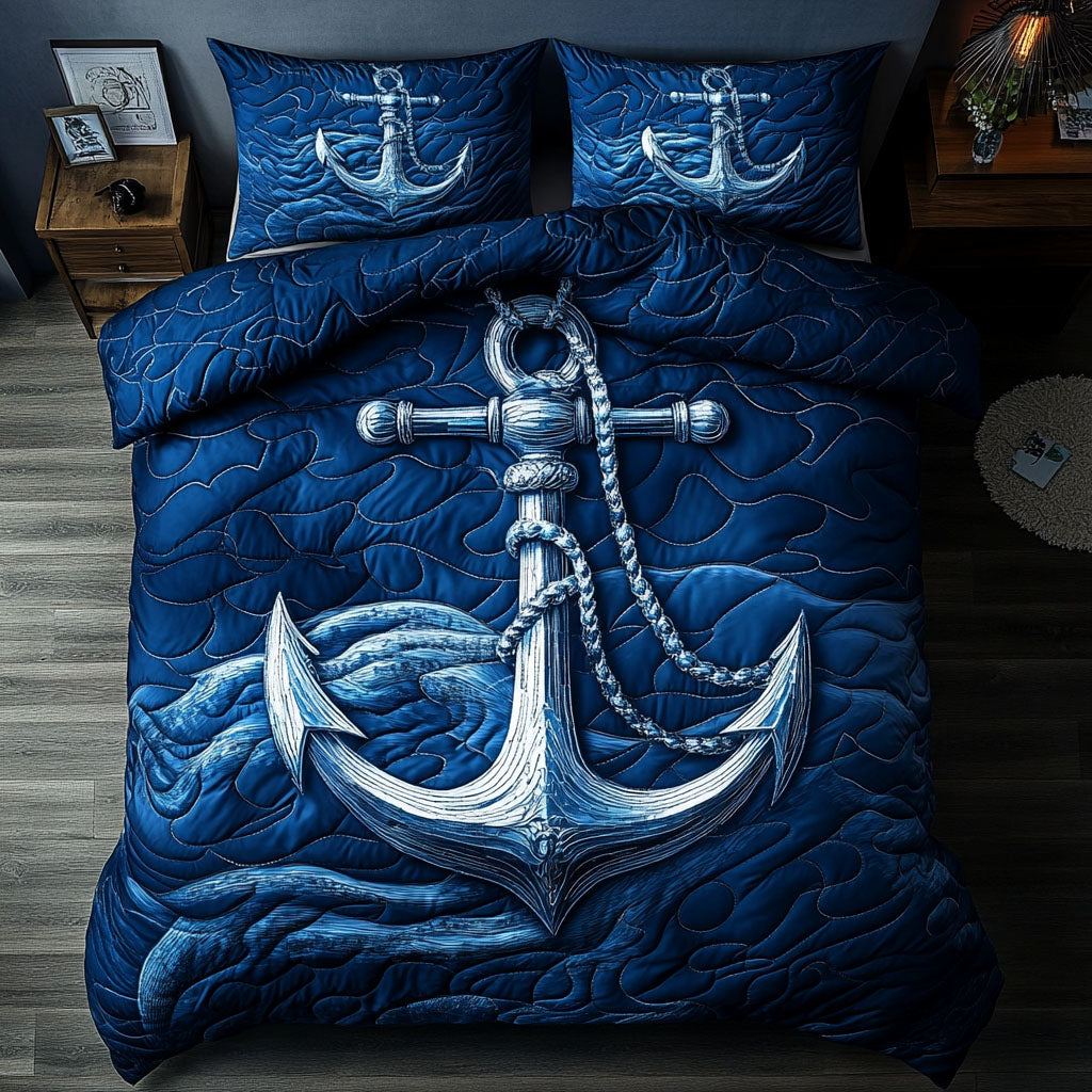 Deep Blue Anchor Quilted Bedding Set Unique Bed Sheet Set Anchor Themed Gifts
