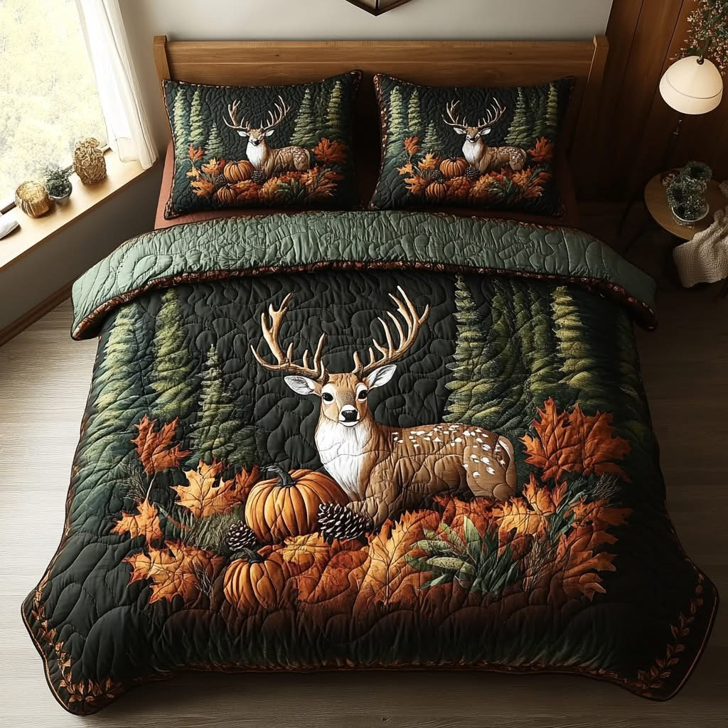Deer Cozy Pumpkin Autumn QUilted Bedding Set Fall Season Themed Gifts For Deer Hunters
