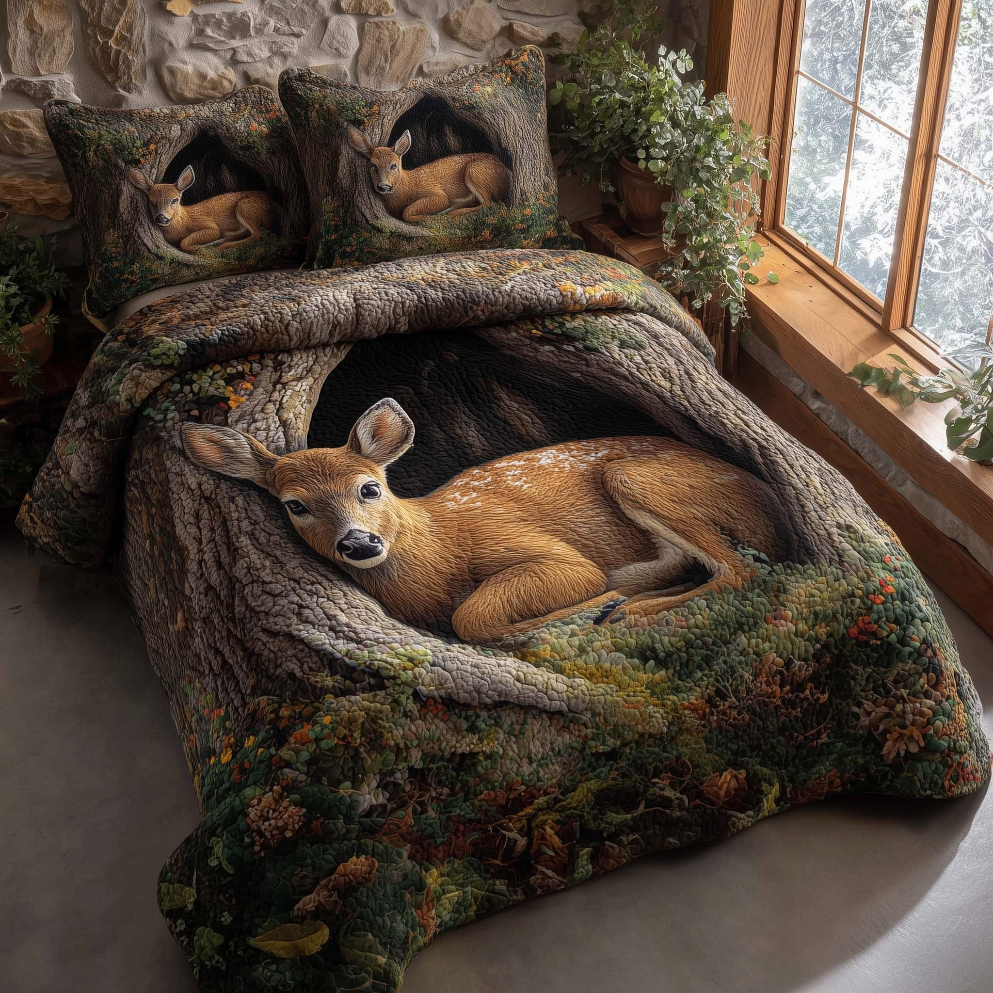Deer Fawn Quilted Bedding Set Rustic Themed Bedroom Decorations Gifts Ideas For Deer Hunter