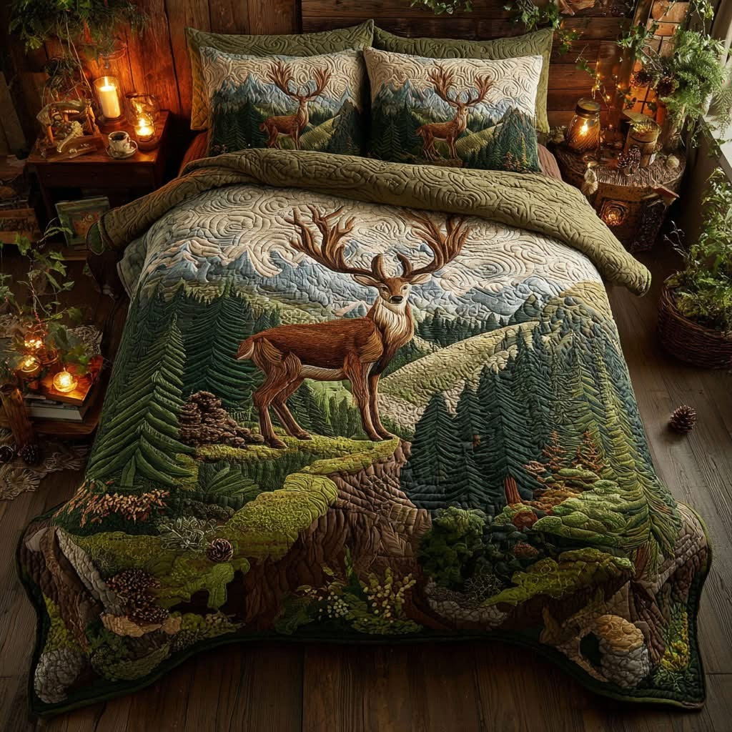 Deer Highland Quilted Bedding Set Natural Wildlife Gifts For Deer Hunting