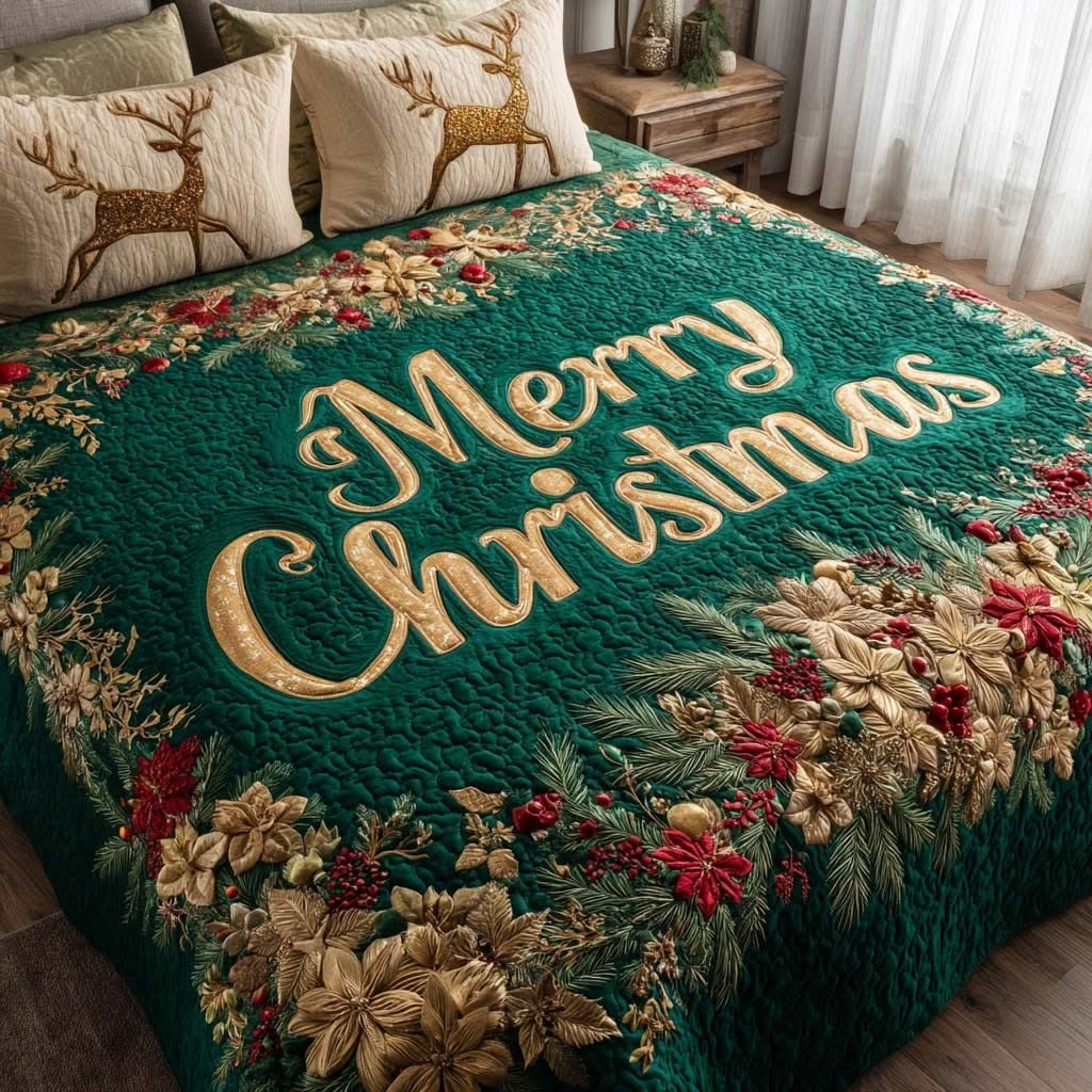 Deer Holly Jolly Forest Merry Christmas Quilted Bedding Set Holiday Duvet Cover Xmas Gifts
