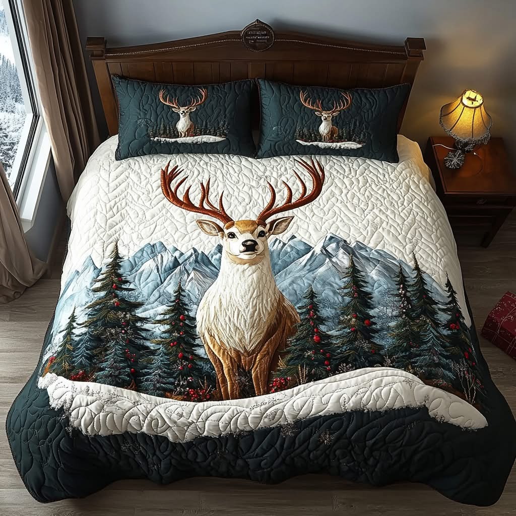 Deer Winter Christmas Quilted Bedding Set Duvet Cover Best Holiday Gifts For Deer Hunters