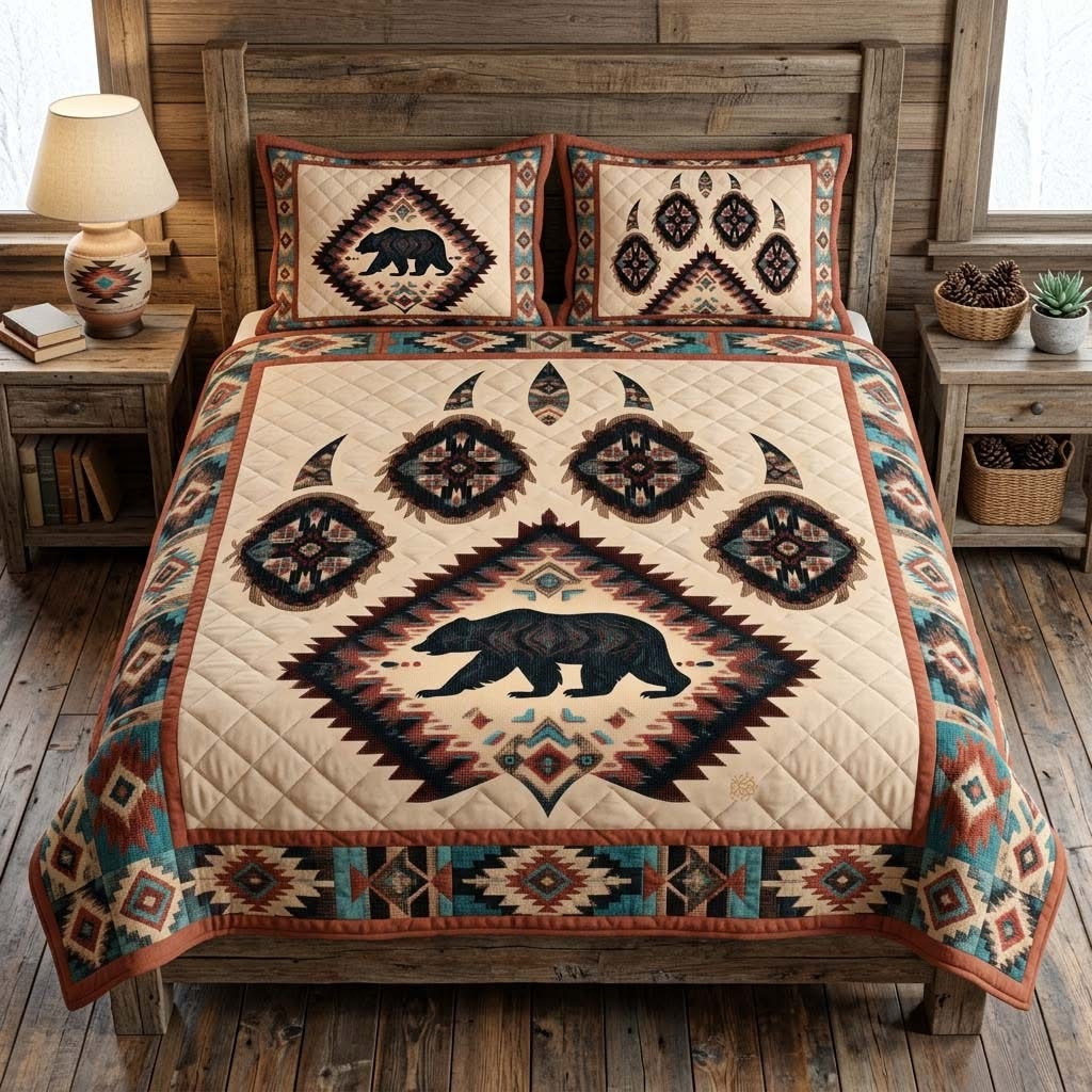 Desert Bear Paw Quilted Bedding Set Native American Duvet Cover Set Father's Day Gifts