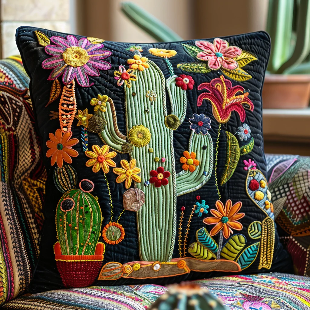 Desert Bloom Cactus Quilted Pillow Case Decorative Pillow Cover Gift For Her