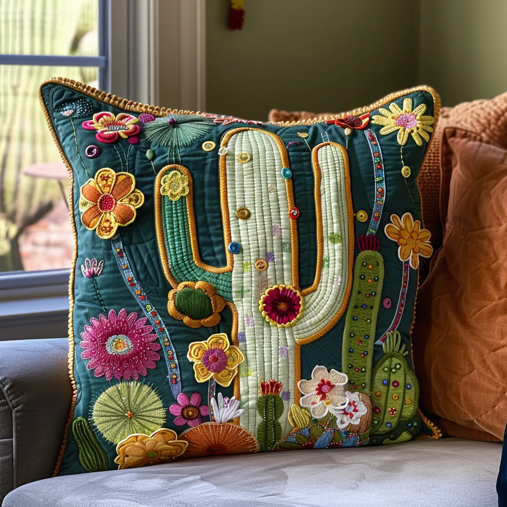 Desert Bloom Cactus Quilted Pillow Case Decorative Pillow Cover Gift For Him