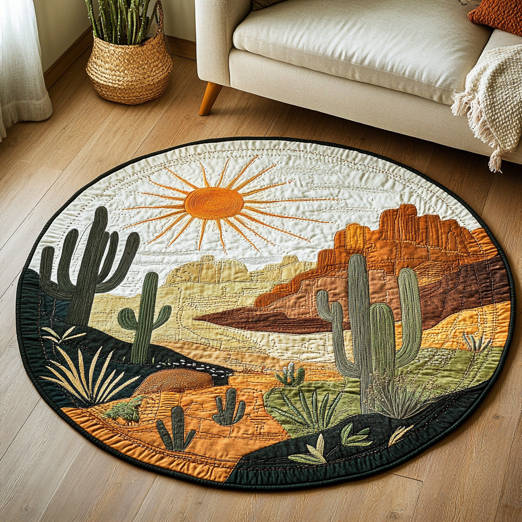 Desert Bloom Quilted Round Mat Round Floor Rugs Best Unique Cactus Gifts