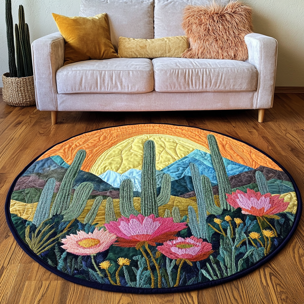 Desert Bloom Quilted Round Mat Small Round Carpets Cactus Related Gifts For Friends