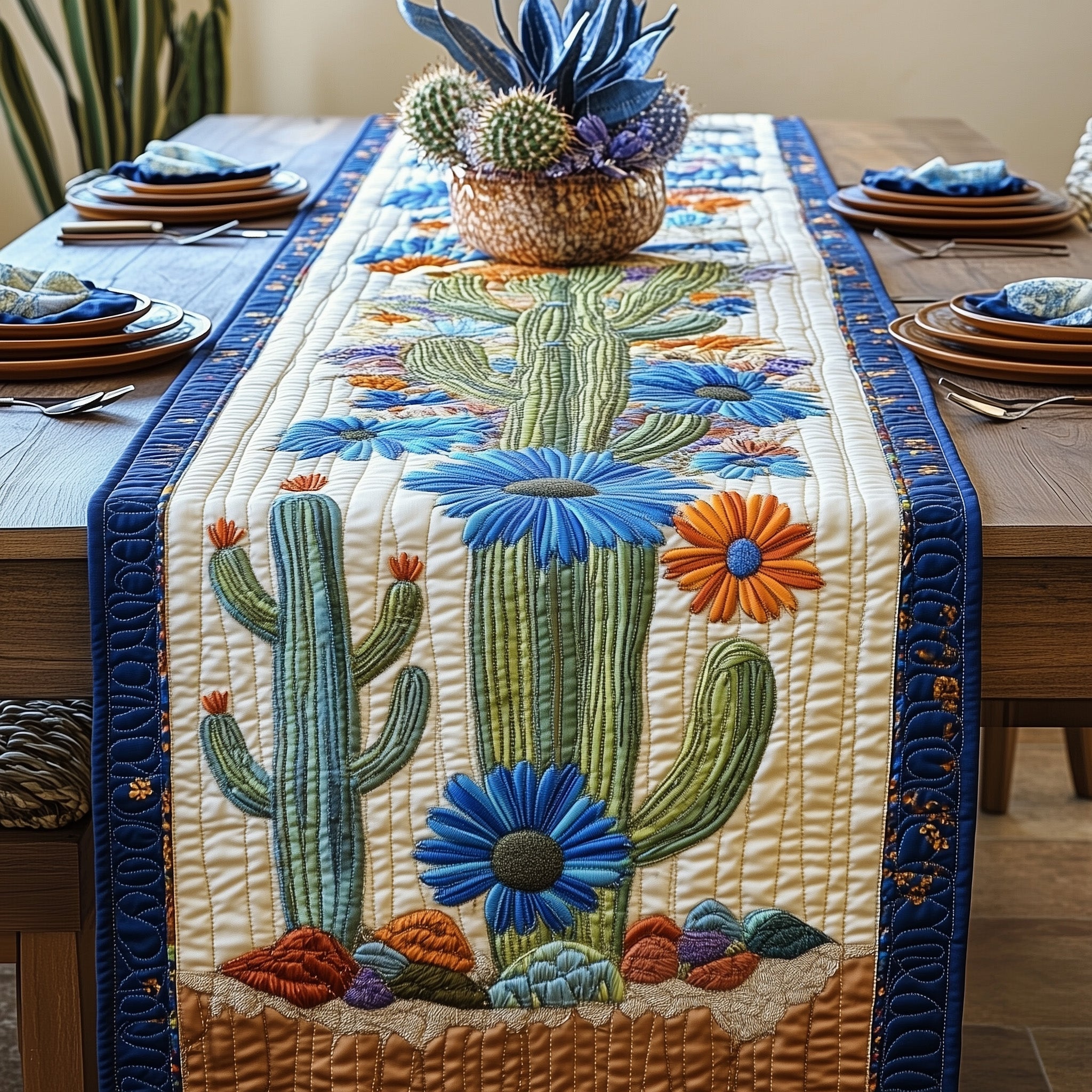 Desert Bloom Quilted Table Runner Dining Table Decor Best Unique Cactus Gifts
