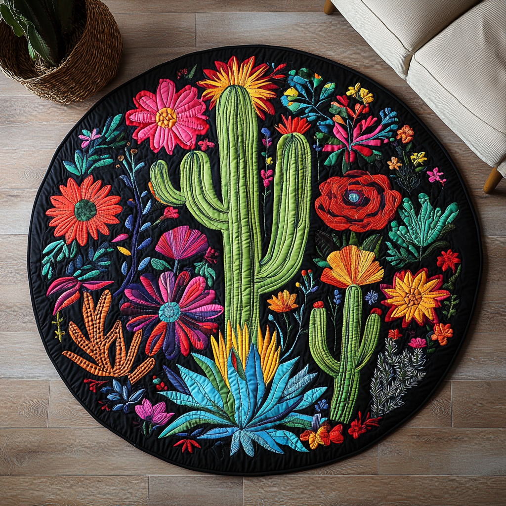 Desert Bloom Serenity Quilted Round Mat Large Round Carpet Rugs Awesome Gifts For Cactus Lovers