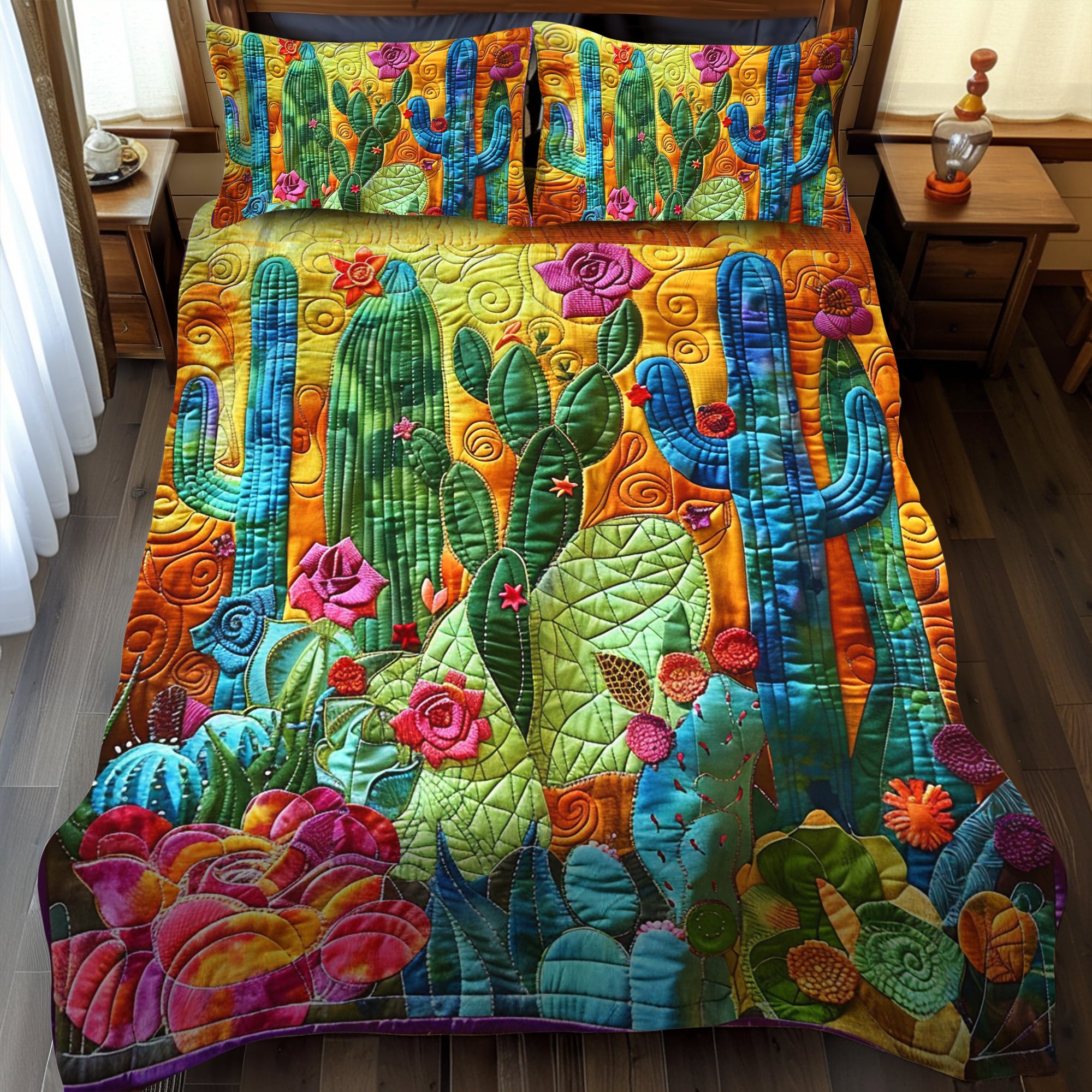 Desert Dreamscape Cactus Quilted Bedding Set Cozy Bedroom Decor Succulent Gift For Him Her