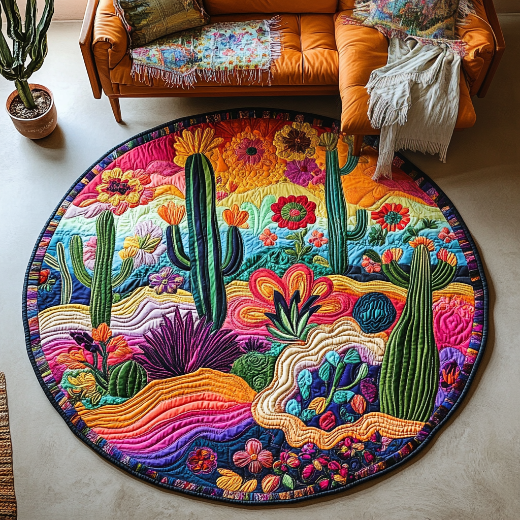 Desert Dreamscape Charm Quilted Round Mat Circle Floor Rugs Cactus Themed Birthday Presents