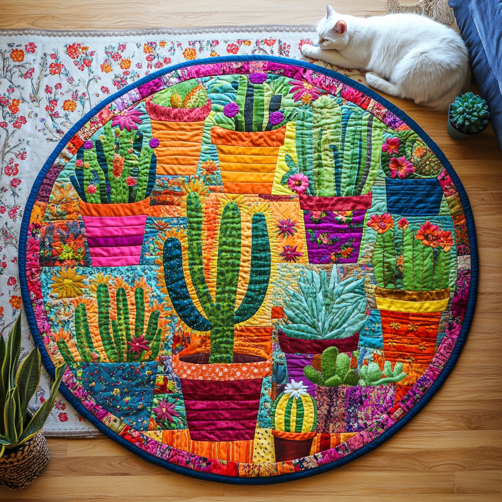 Desert Flora Charm Quilted Round Mat Large Round Mat Great Cactus Themed Gifts