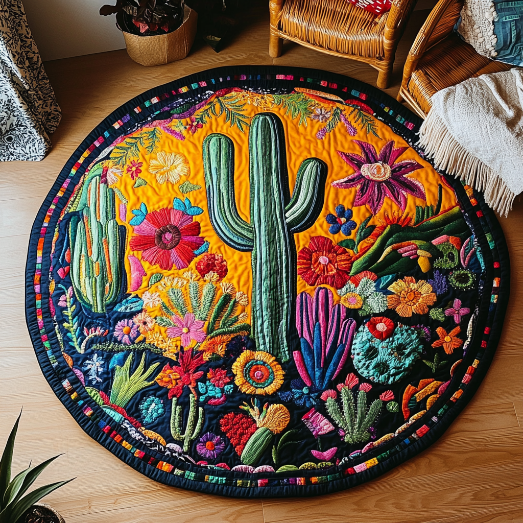 Desert Flora Haven Quilted Round Mat Round Shape Rug Best Cactus Related Gifts