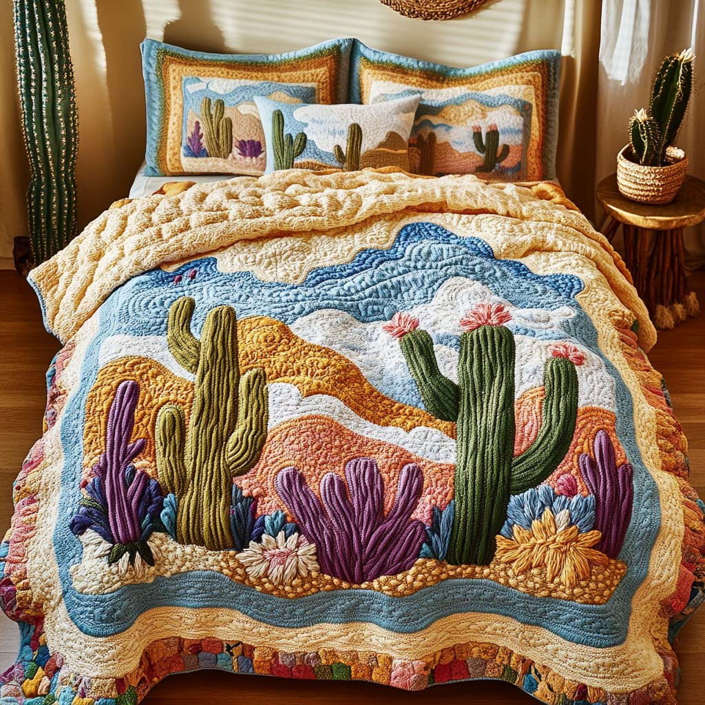 Desert Glow Quilted Bedding Set Cute Bed Sheets Unique Cactus Gifts