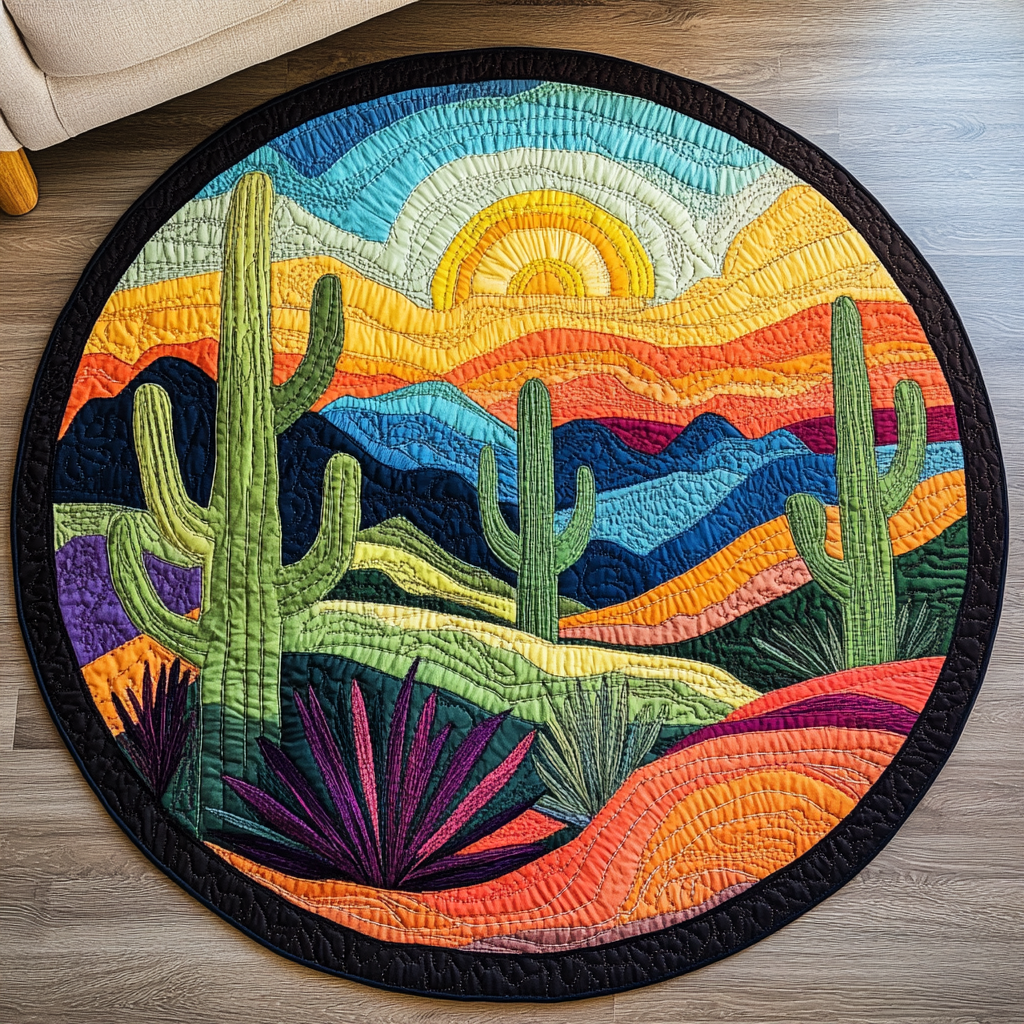 Desert Mirage Quilted Round Mat Circle Rugs Large Cactus Gifts For Her
