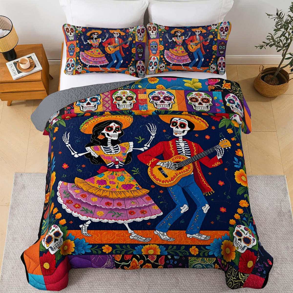 Dia De Los Muertos Quilted Bedding Set Sugar Skull Bed Sheet Set Gifts For Day Of The Dead