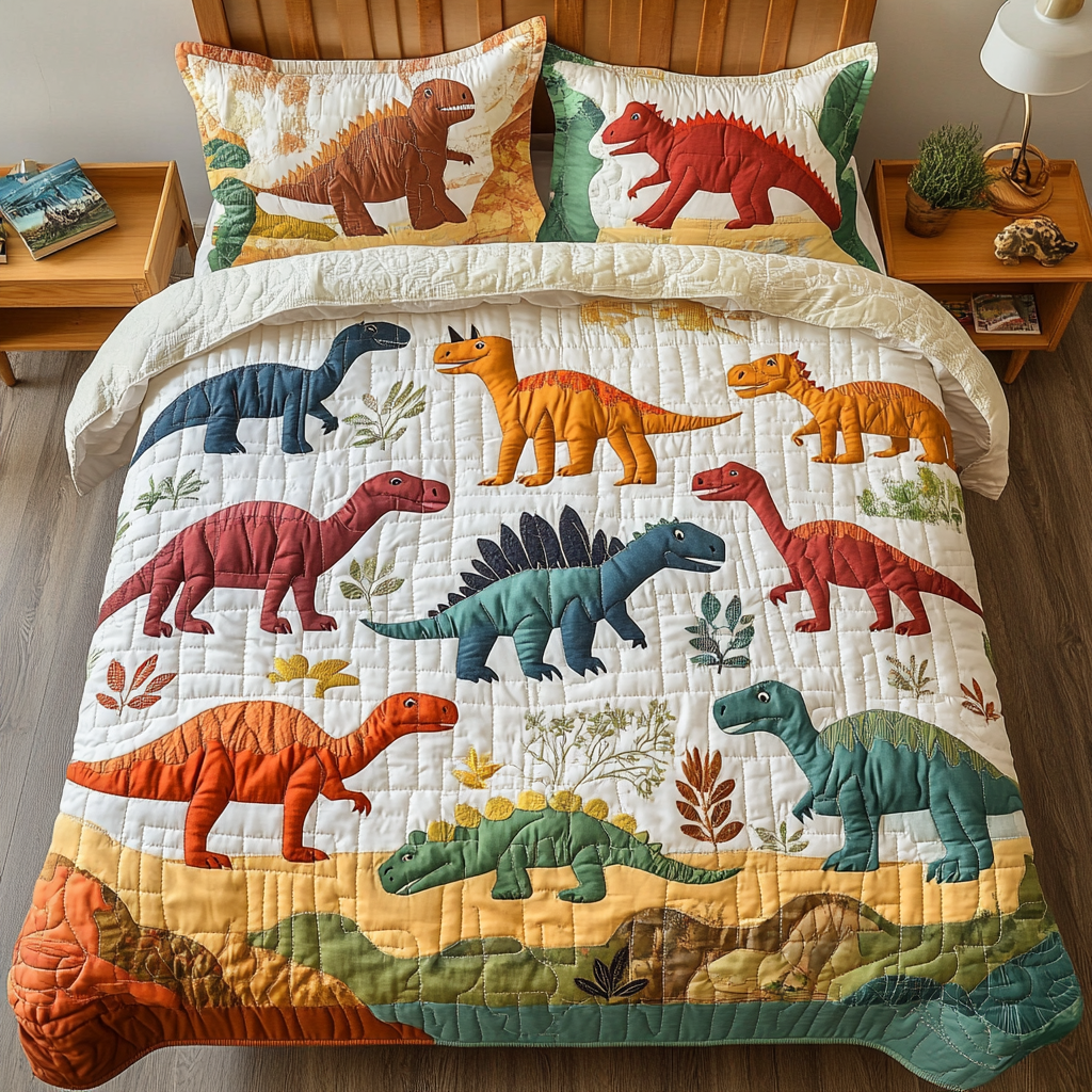 Dino Safari Quilted Bedding Set Best Bed Sheet Set Dinosaur Gifts For Adults