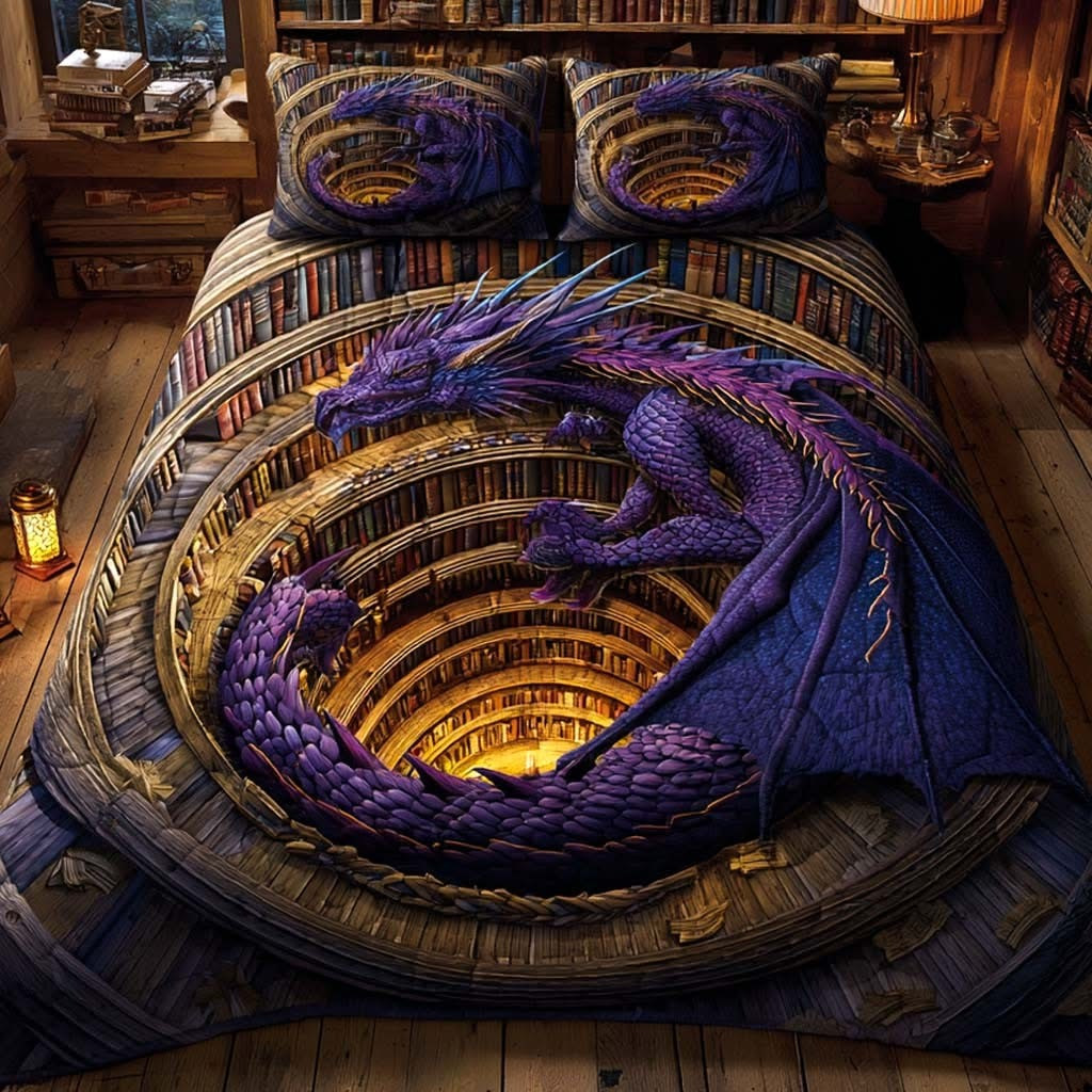 Dragon Abyss Guardian Quilted Bedding Set Fantasy Bed Decor Xmas Gifts For Dragon Lovers