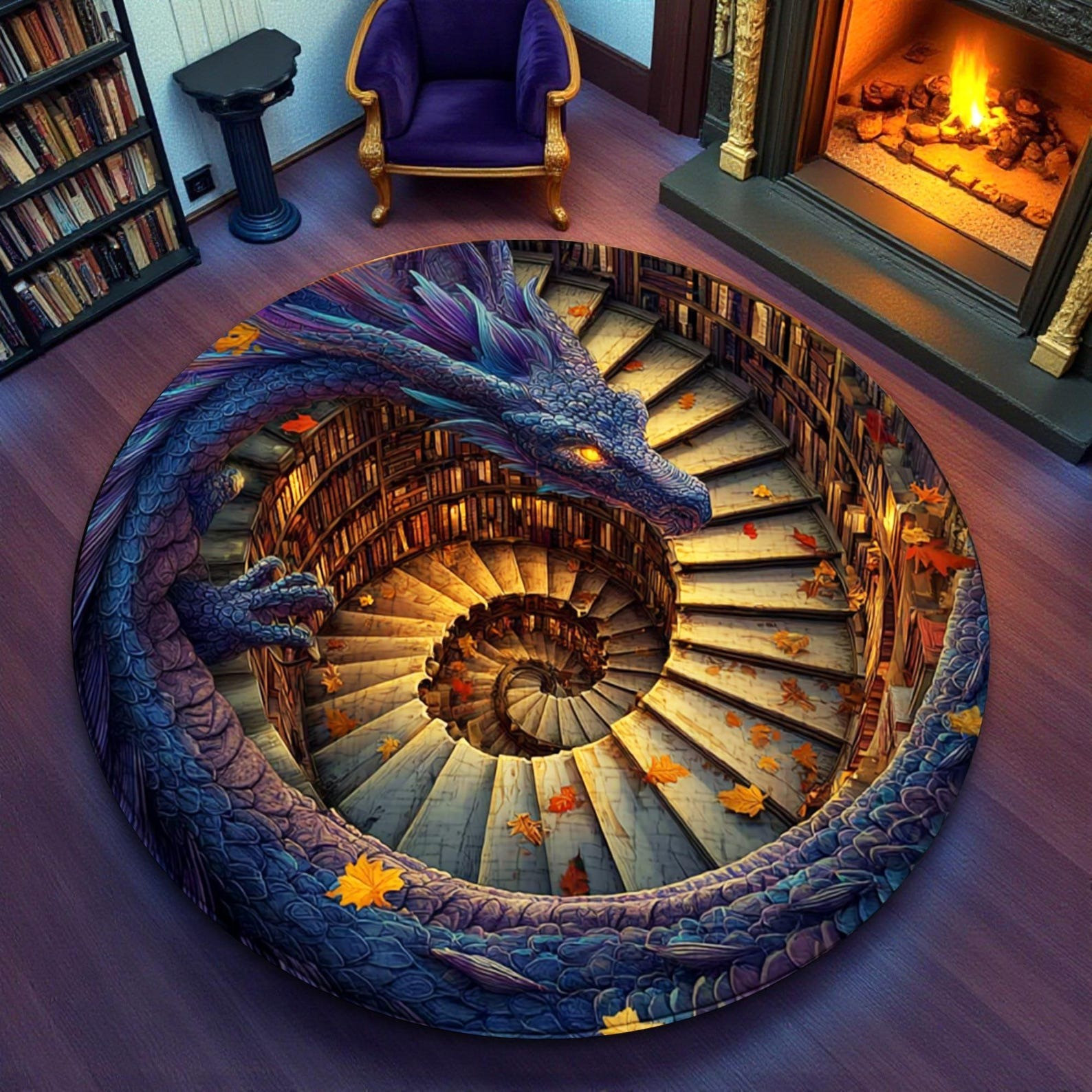 Dragon And Book Round Mat Mythical Dragon Home Decor Unique Magical Dragon Gifts Ideas