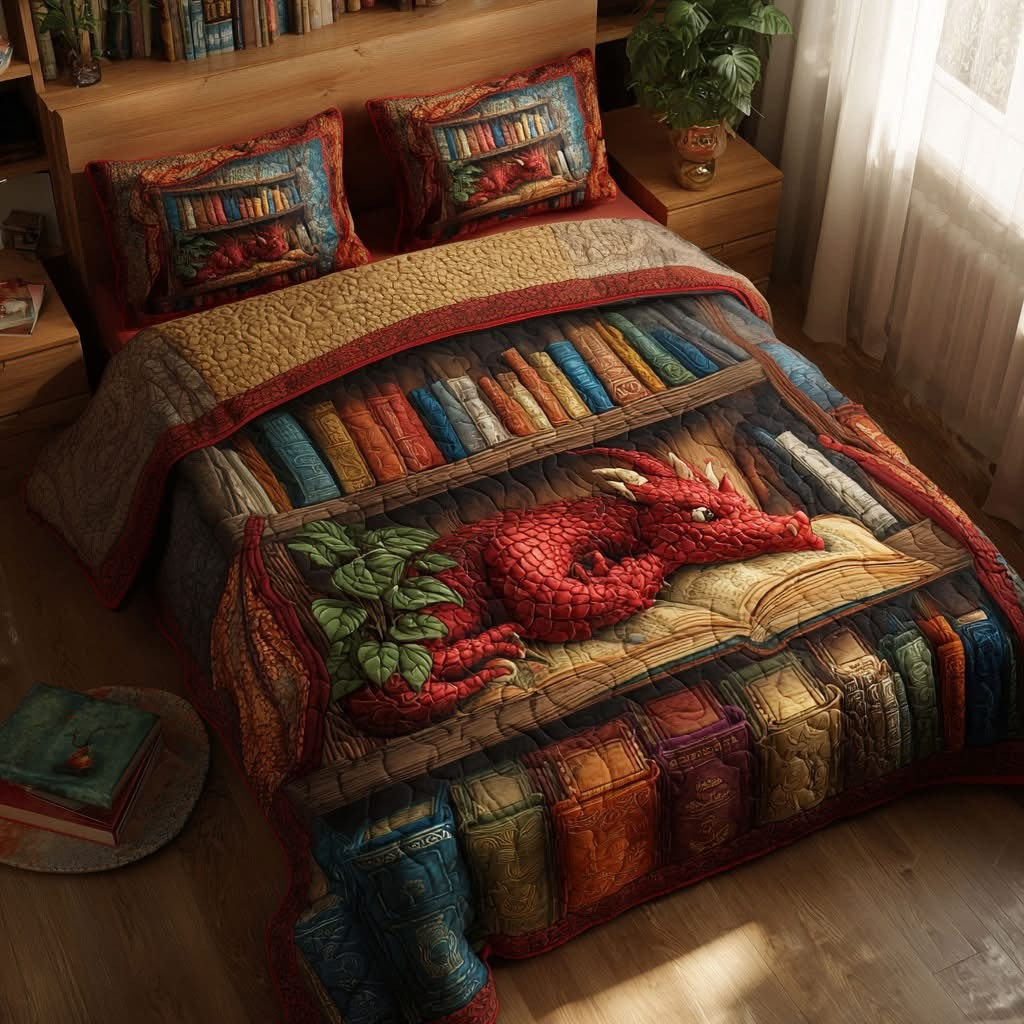 Dragon Bookshelf Quilted Bedding Set Bed Decor Gifts Ideas For Book Lovers