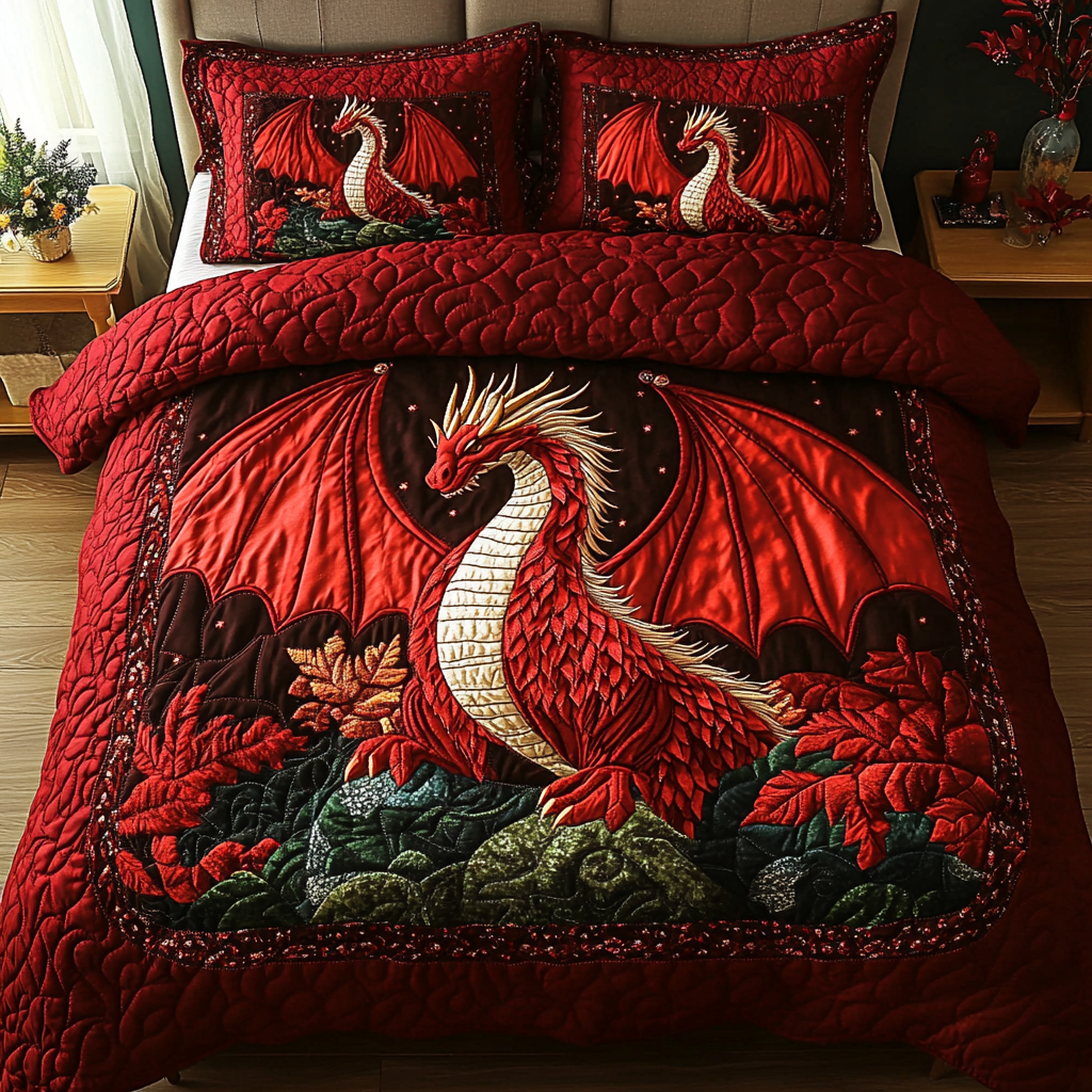 Dragon Breath Quilted Bedding Set Cute Room Decor Dragon Father's Day Gifts