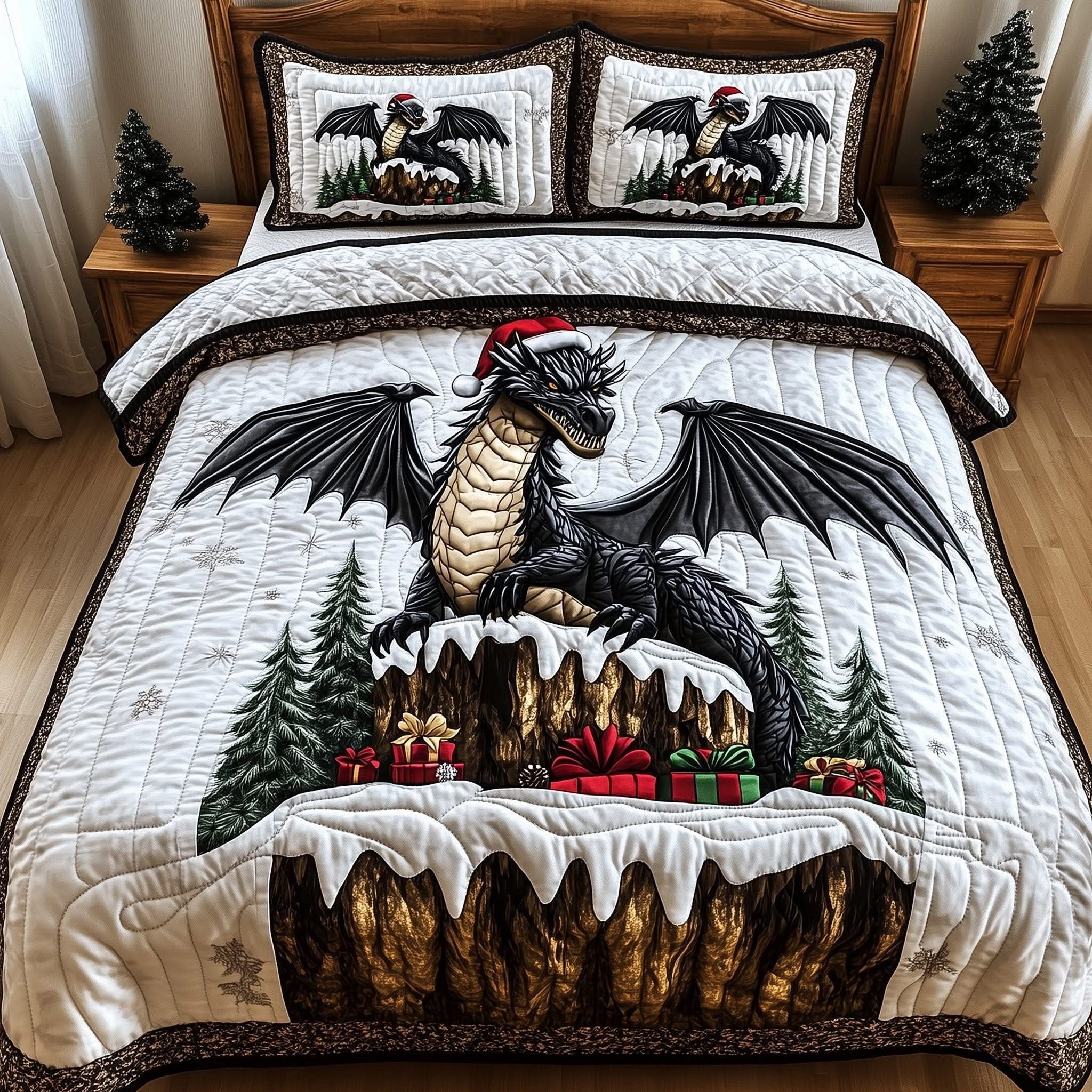 Dragon Christmas Quilted Bedding Set Mythical Christmas Bedroom Decor Gifts For Dragon Lovers