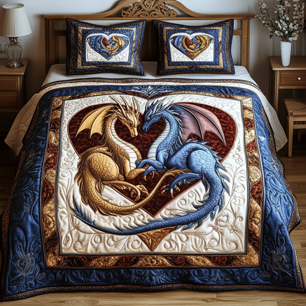 Dragon Couple Quilted Bedding Set Cute Bed Sheets For Teens Unique Best Gifts For DragonLovers