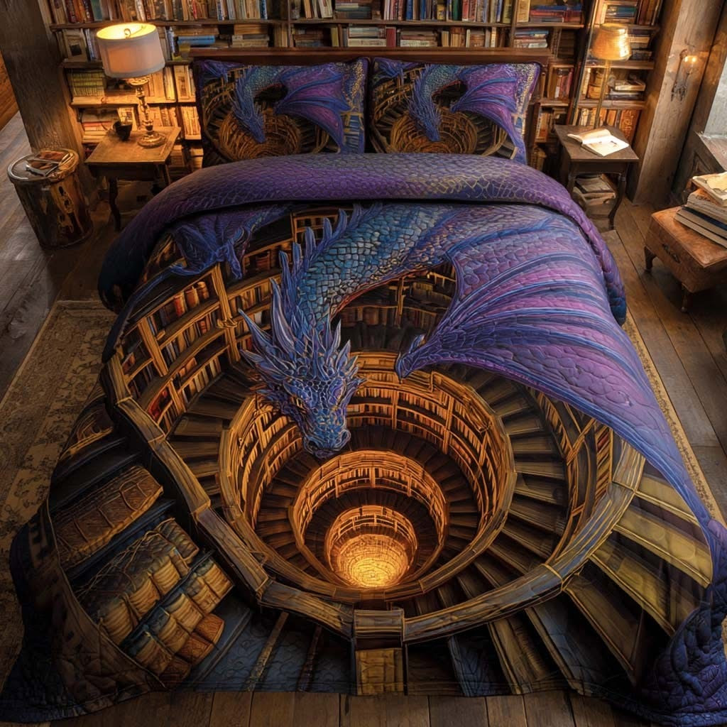Dragon Dungeons Quilted Bedding Set Arcane Spiral Bed Decor Gift For Mythical Lovers