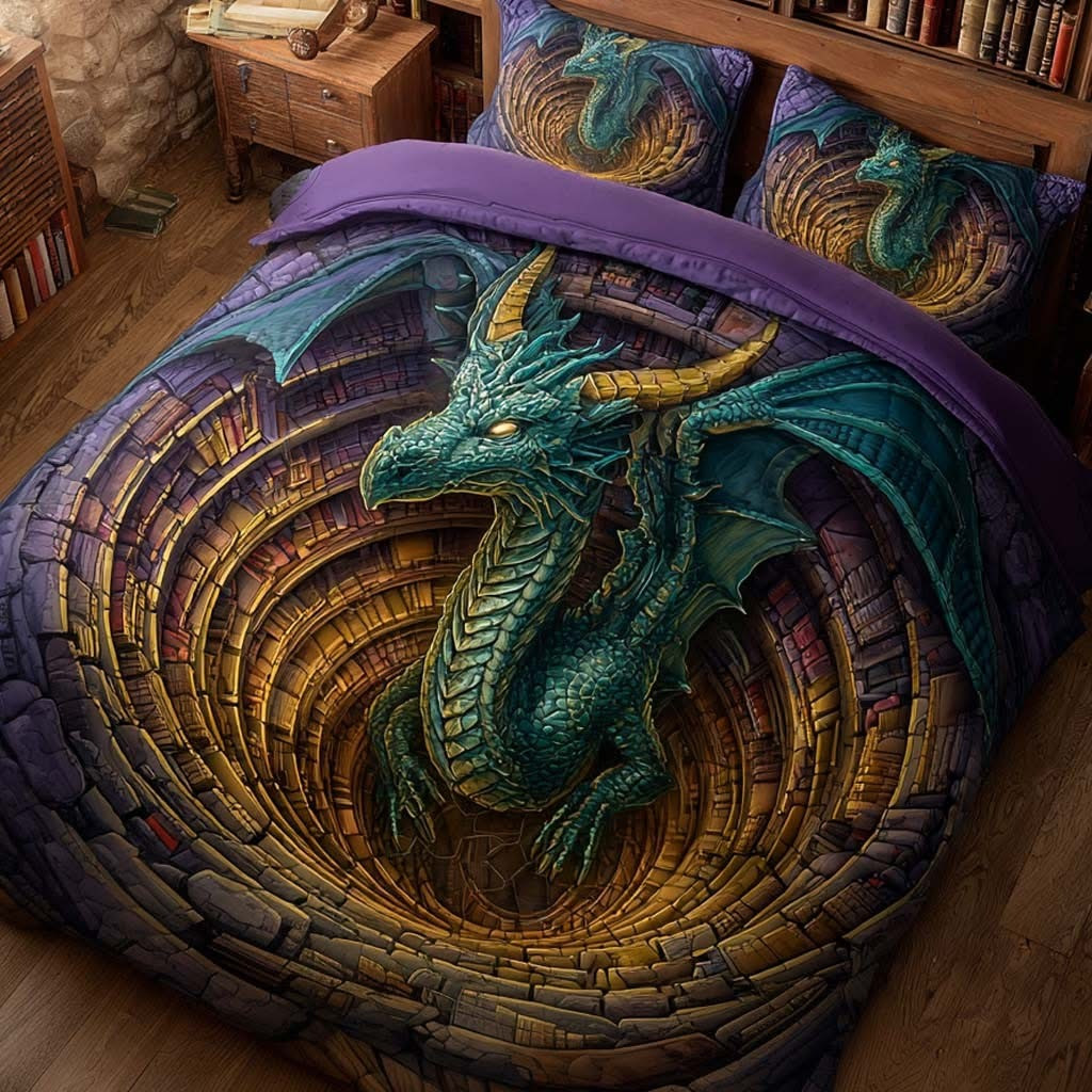 Dragon Emerald Guardian Quilted Bedding Set 3D Print Duvet Cover Dragon Themed Gifts
