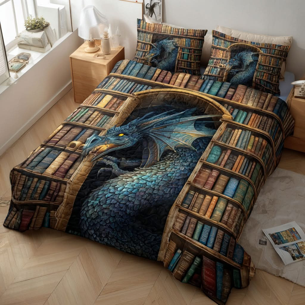 Dragon Emerging From A Bookshelf Quilted Bedding Set Bed Decor Gifts For Book Lovers
