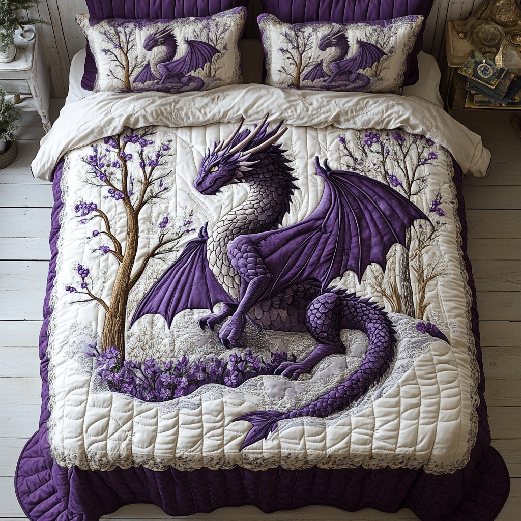 Dragon Forest Quilted Bedding Set Best King Bed Sheets Gift For Dragon Lover