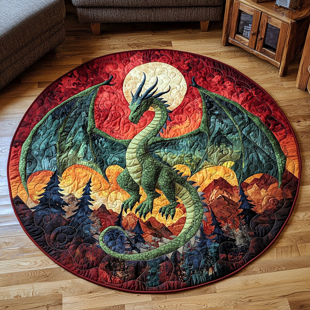 Dragon Moon Quilted Round Mat Round Area Rug Living Room Dragon Items For Lovers