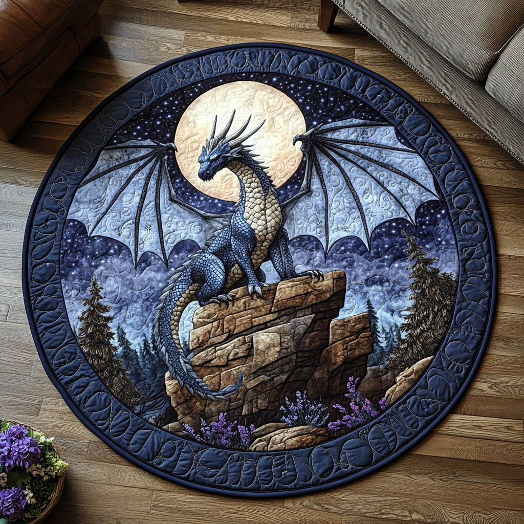 Dragon Moonlight Quilted Round Mat Large Circle Rug Best Gifts For Dragon Lovers