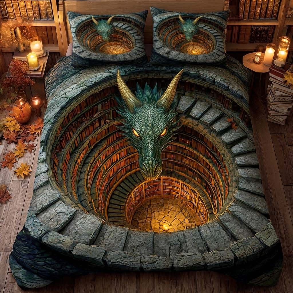 Dragon Mystical Quilted Bedding Set Fantasy Dragon Lair Bed Decor Gifts For Fantasy Lovers