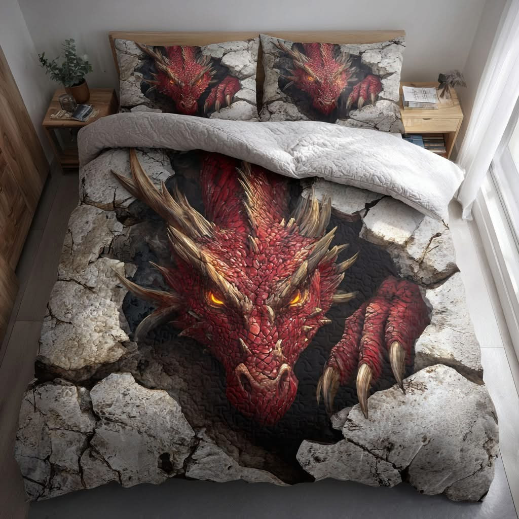Dragon Scarlet Wrath Quilted Bedding Set Bed Decor Gifts Ideas For Dragon Lovers