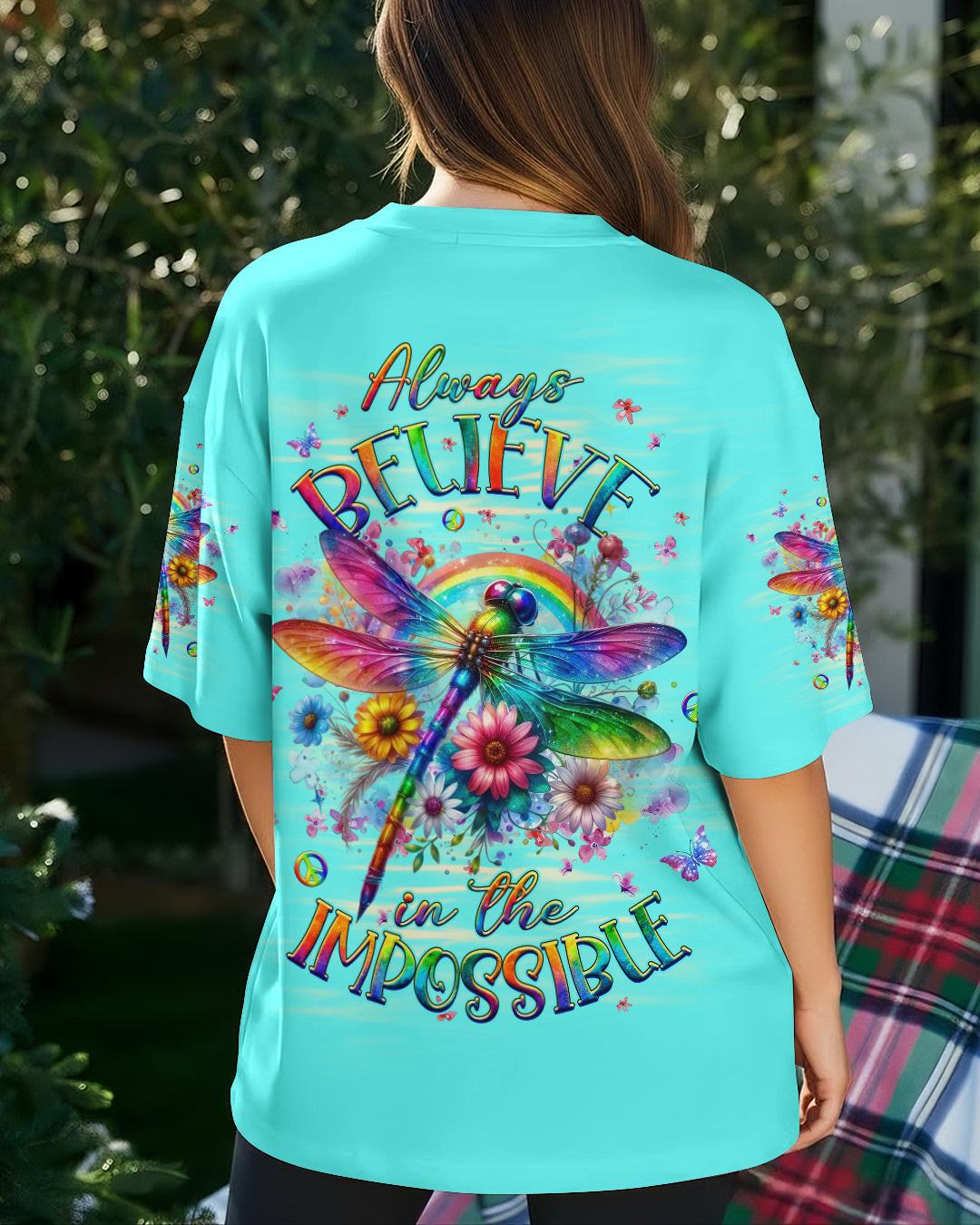 Dragonfly Always Believe In The Impossible T-Shirt Colorful Tie Dye Floral Merch Gift For Women - Image 2