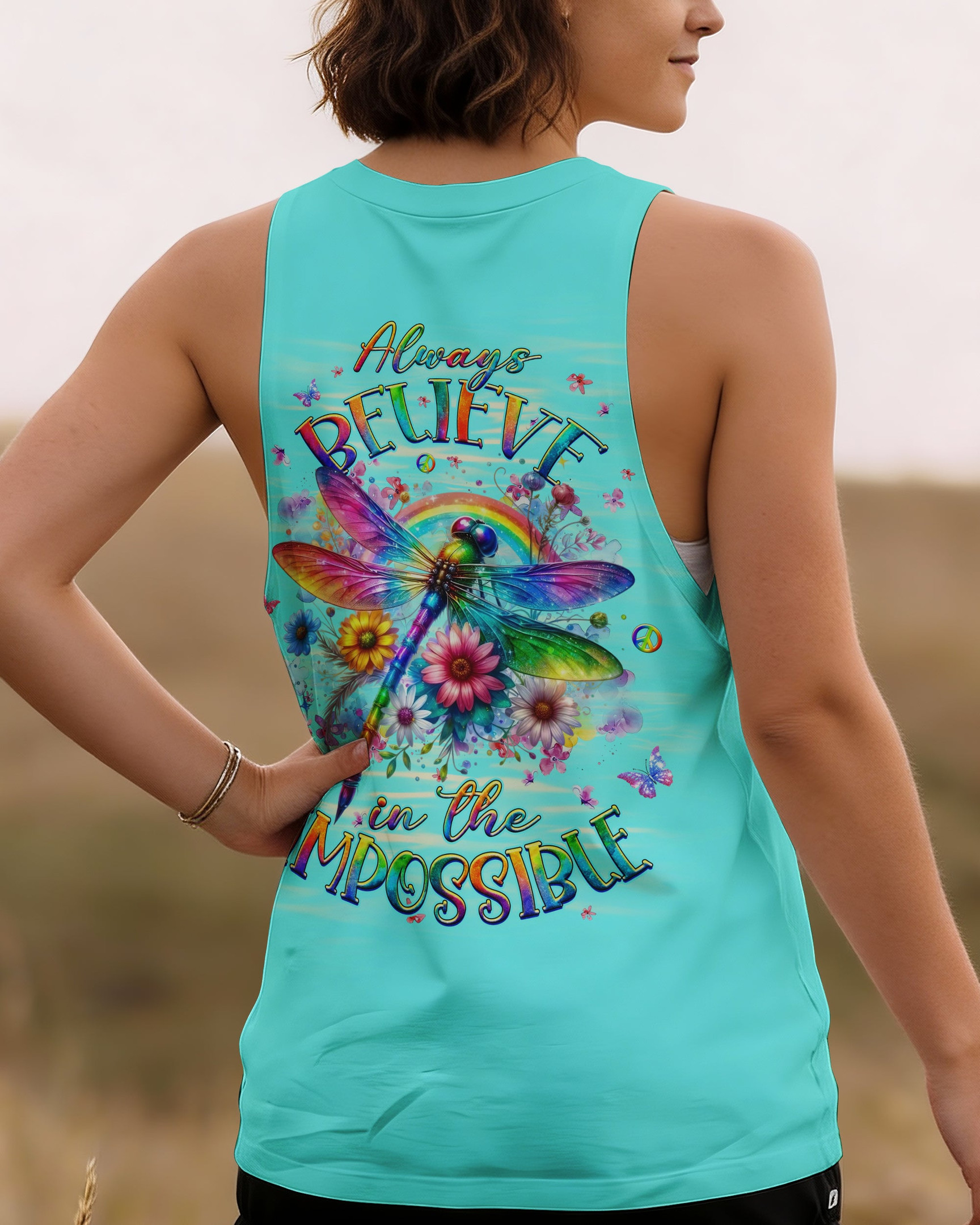 Dragonfly Always Believe In The Impossible Tank Top Colorful Floral Rainbow Gift For Sister - Image 2