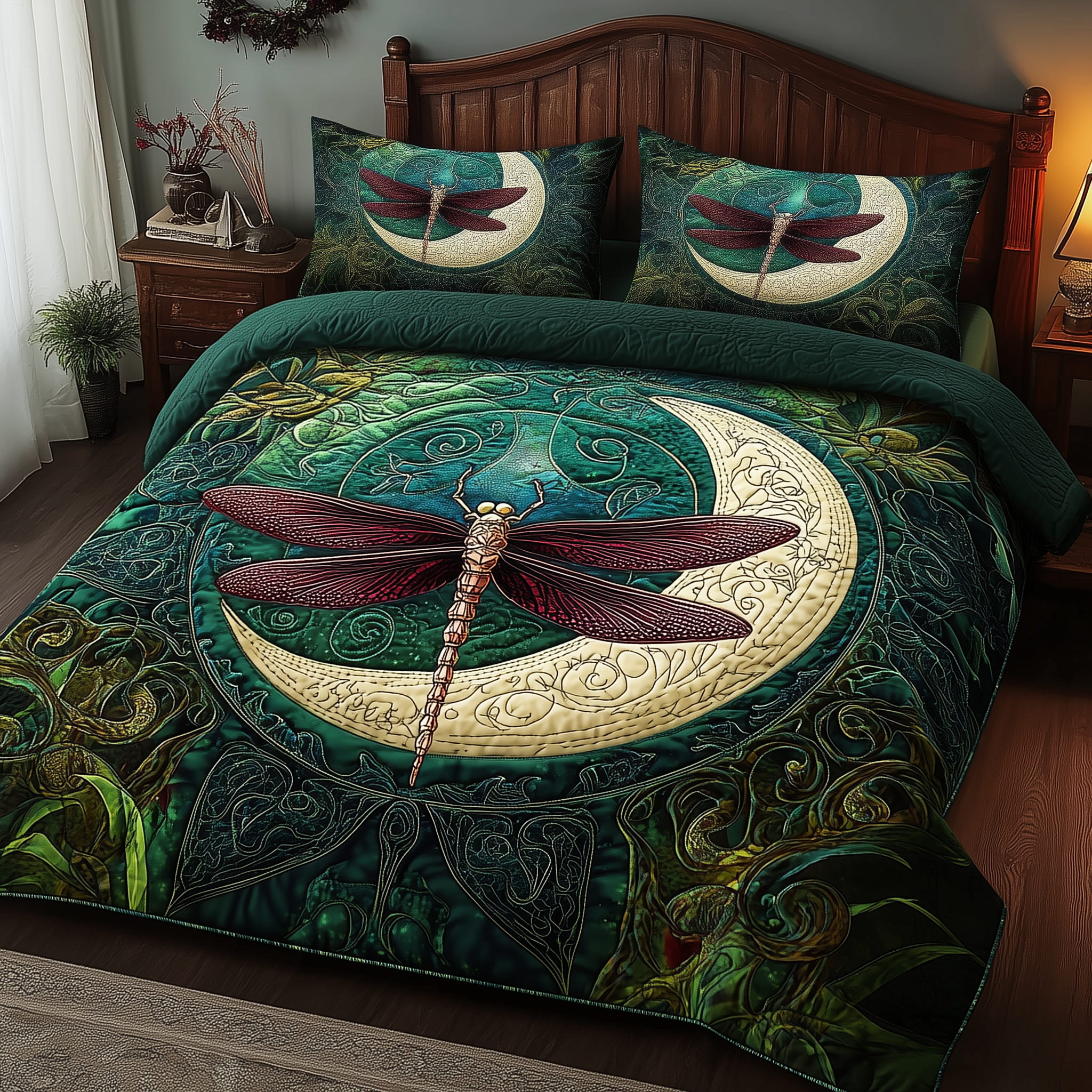 Dragonfly and Crescent Moon Quilted Bedding Set Best Bedding Sets Dragonfly Gift Items