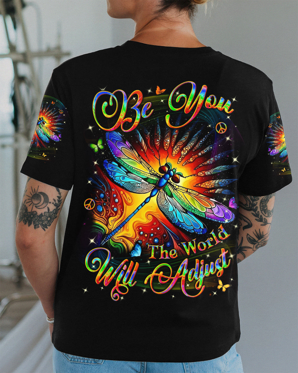 Dragonfly Be You The World Will Adjust V-Neck Shirt Colorful Dragonfly Psychedelic Art For Women - Image 2