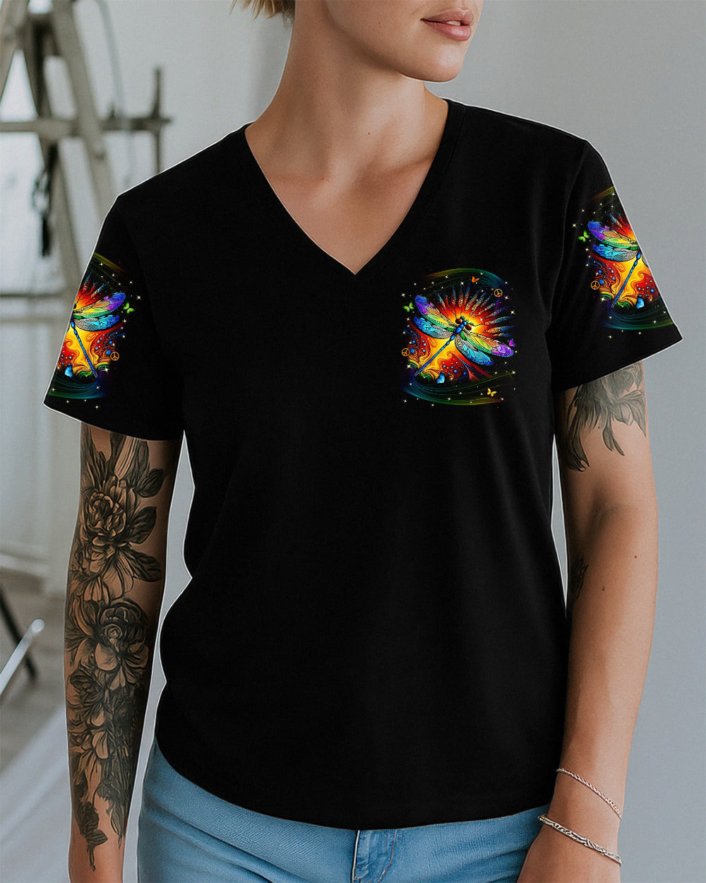 Dragonfly Be You The World Will Adjust V-Neck Shirt Colorful Dragonfly Psychedelic Art For Women