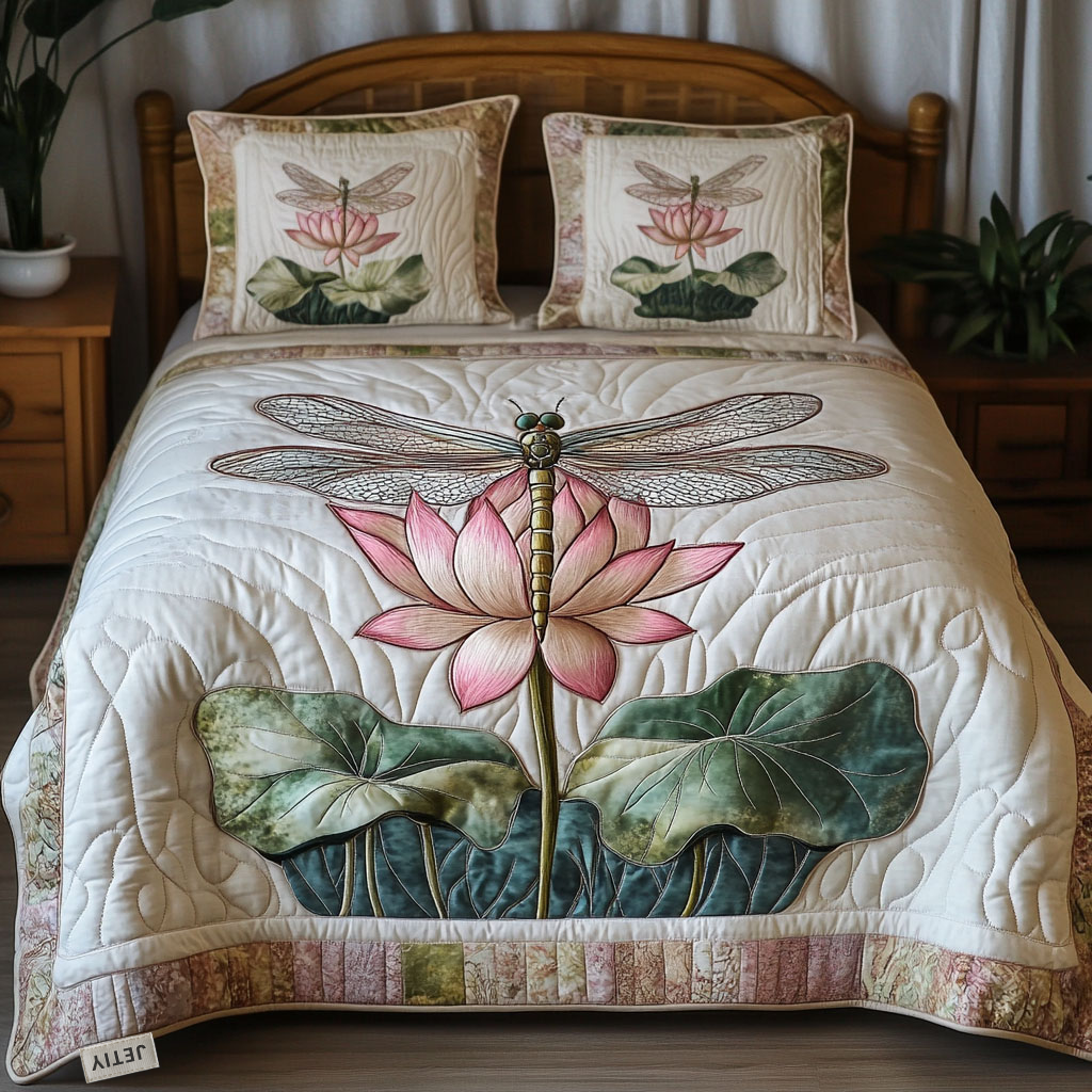 Dragonfly Bloom Quilted Bedding Set Unique Bed Sheets Dragonfly Gifts For Girl
