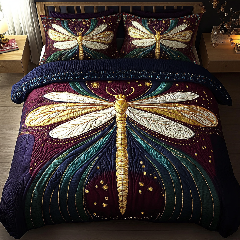 Dragonfly Dreams Quilted Bedding Set Cute Boho Comforter Sets Cool Gifts For Dragonfly Lovers
