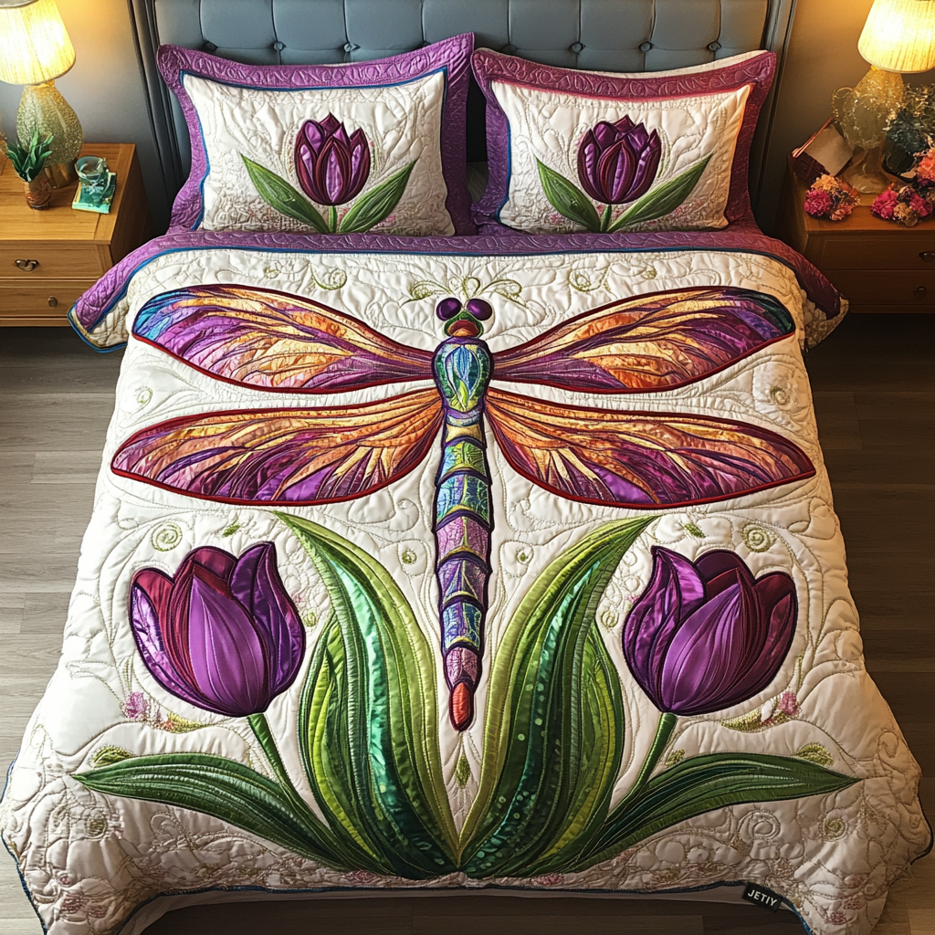Dragonfly Dreamscape Quilted Bedding Set Cozy Bedroom Decor Best Dragonfly Lover Gifts For Her