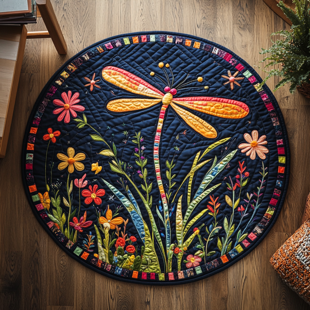 Dragonfly Dusk Quilted Round Mat Rug With Circles Best Dragon Gifts For Christmas